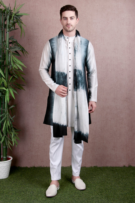 Men’s Kurta Set – Dola Silk in Ivory-Black Ombré with Tie-Dye Detailing | One Man Show