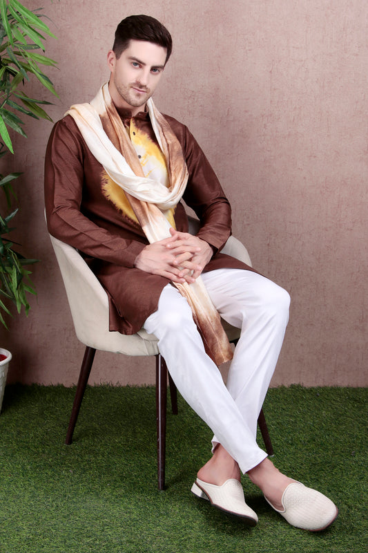 Men’s Kurta Set – Raw Silk in Brown with Yellow Tie-Dye Center Motif | One Man Show