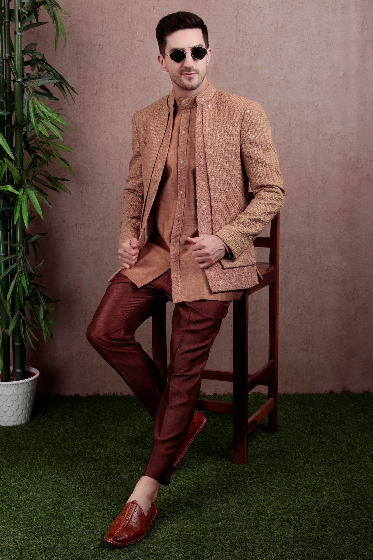 Detail view 3 - Men’s Jodhpuri Kurta Set – Silk in Light Brown with Silk Thread Embroidery & Layered Open Front