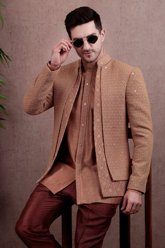 Men’s Jodhpuri Kurta Set – Silk in Light Brown with Silk Thread Embroidery & Layered Open Front | One Man Show