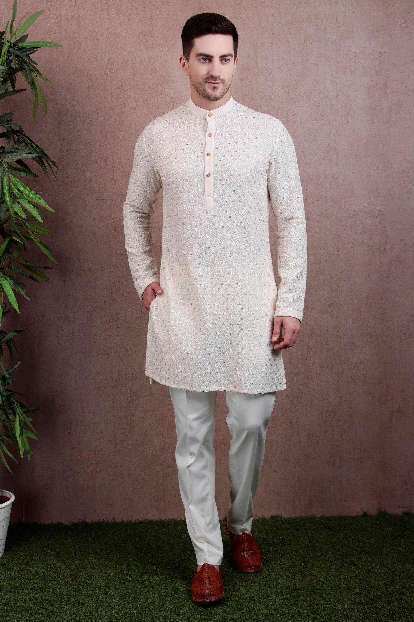 Men’s Designer Kurta Set – Georgette in Ivory with Silk Thread Embroidery & Lapel Jacket Cut | One Man Show