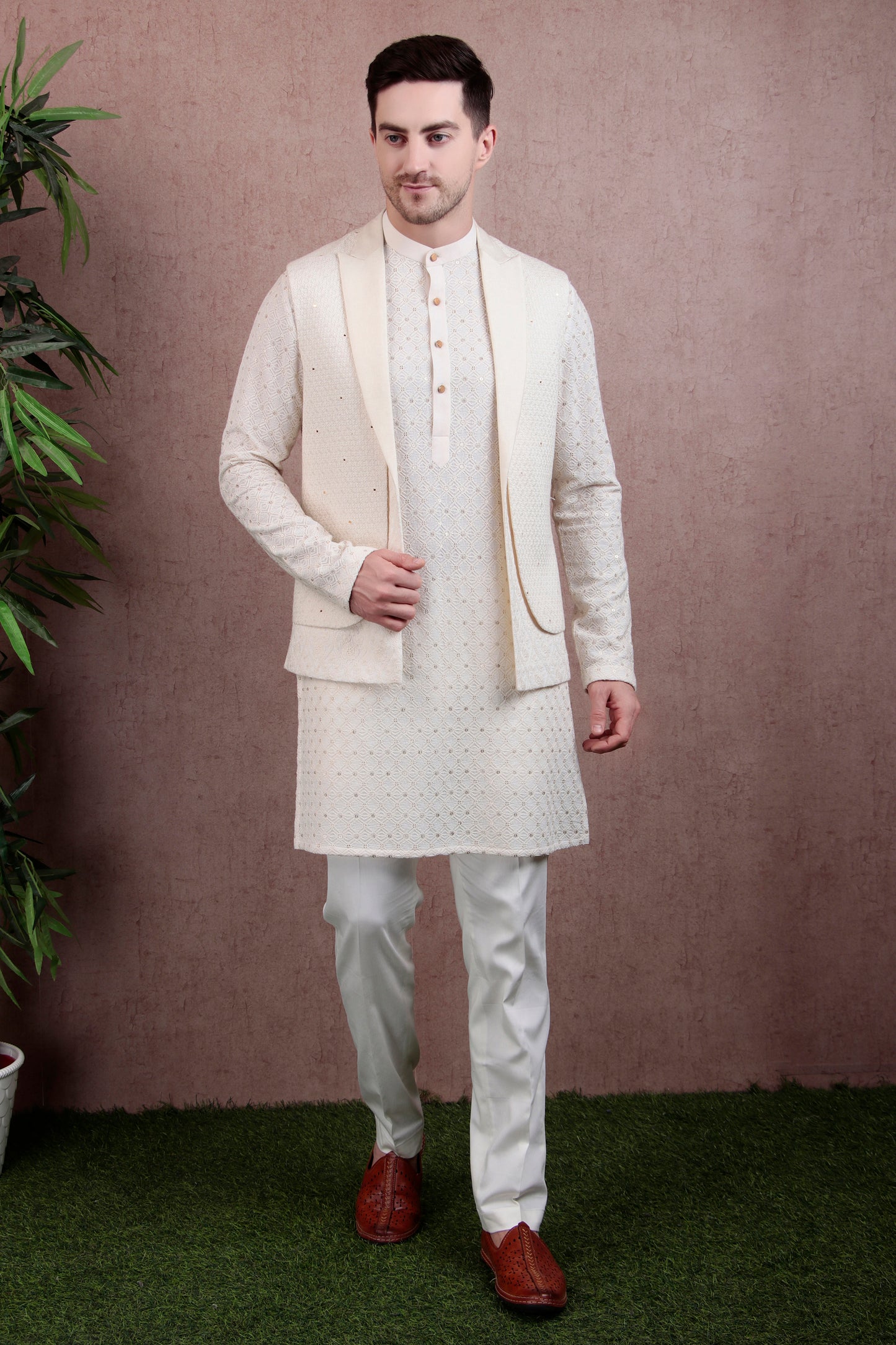 Men’s Designer Kurta Set – Georgette in Ivory with Silk Thread Embroidery & Lapel Jacket Cut | One Man Show