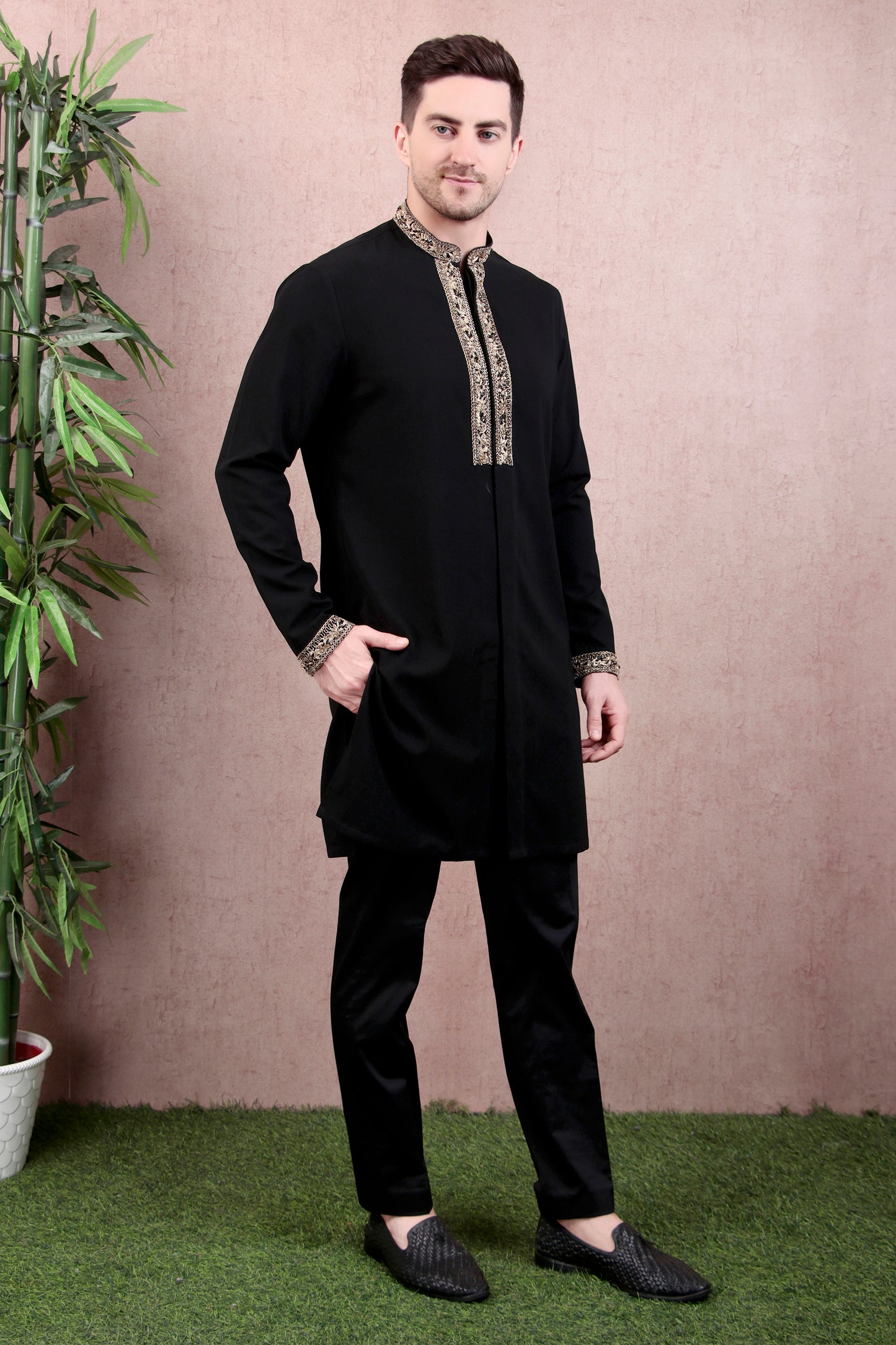 Men’s Kurta Set – Japanese Lycra (Poly Spandex) in Black with Zari Tape Collar & Placket | One Man Show