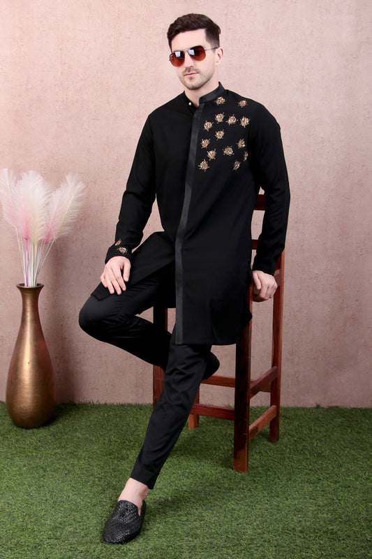 Men’s Kurta Set – Concealed Placket in Black with Hand-Embroidered Scatter Motifs