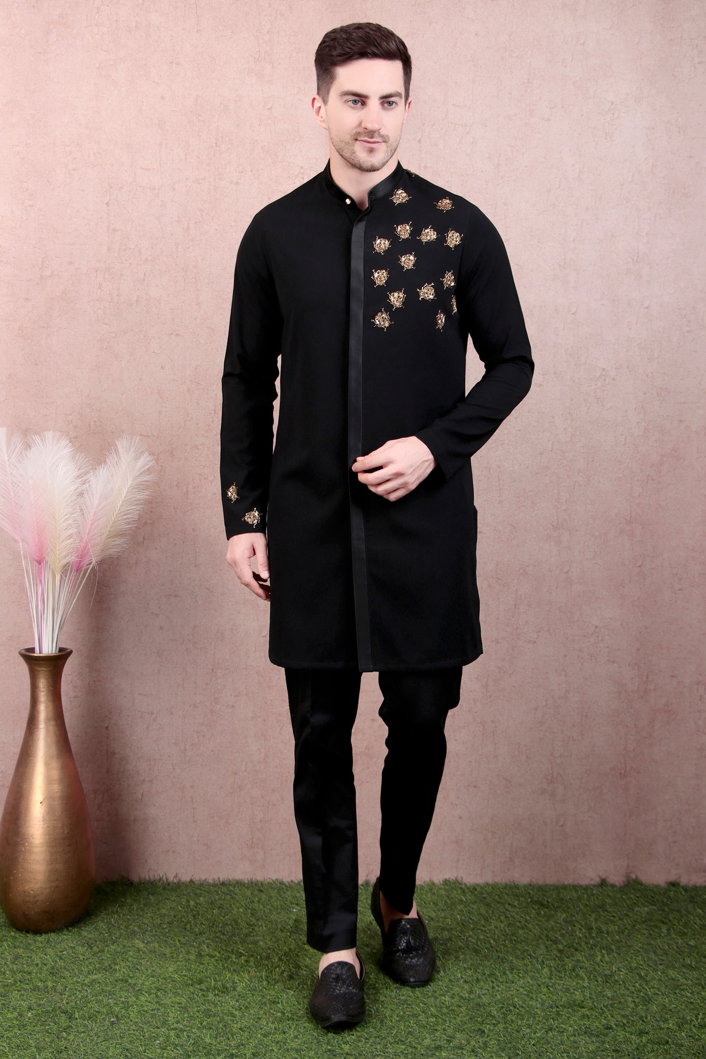 Men’s Kurta Set – Concealed Placket in Black with Hand-Embroidered Scatter Motifs