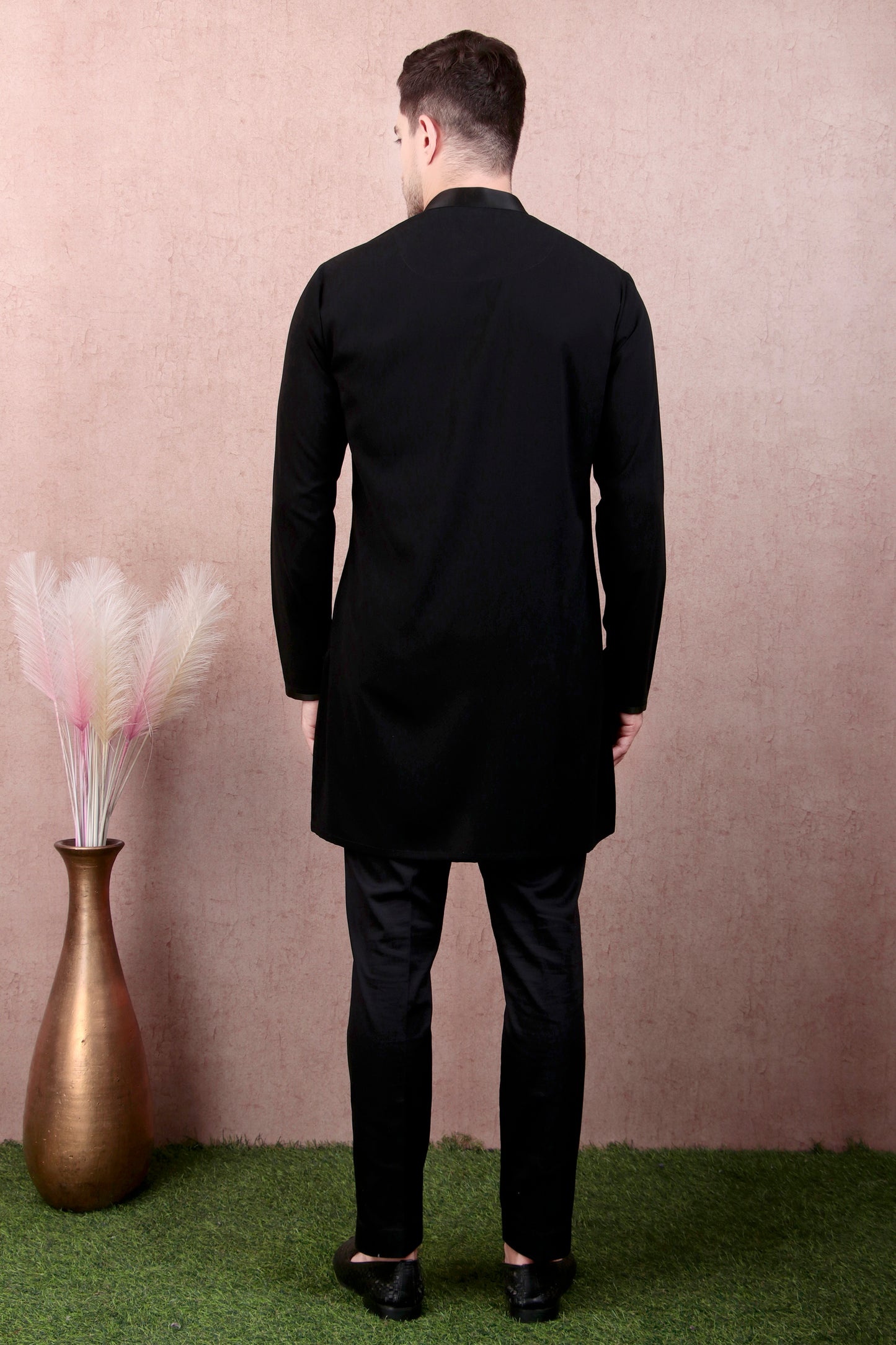 Men’s Kurta Set – Japanese Lycra in Black with Eagle Motif Hand Embroidery - Fabric Detail