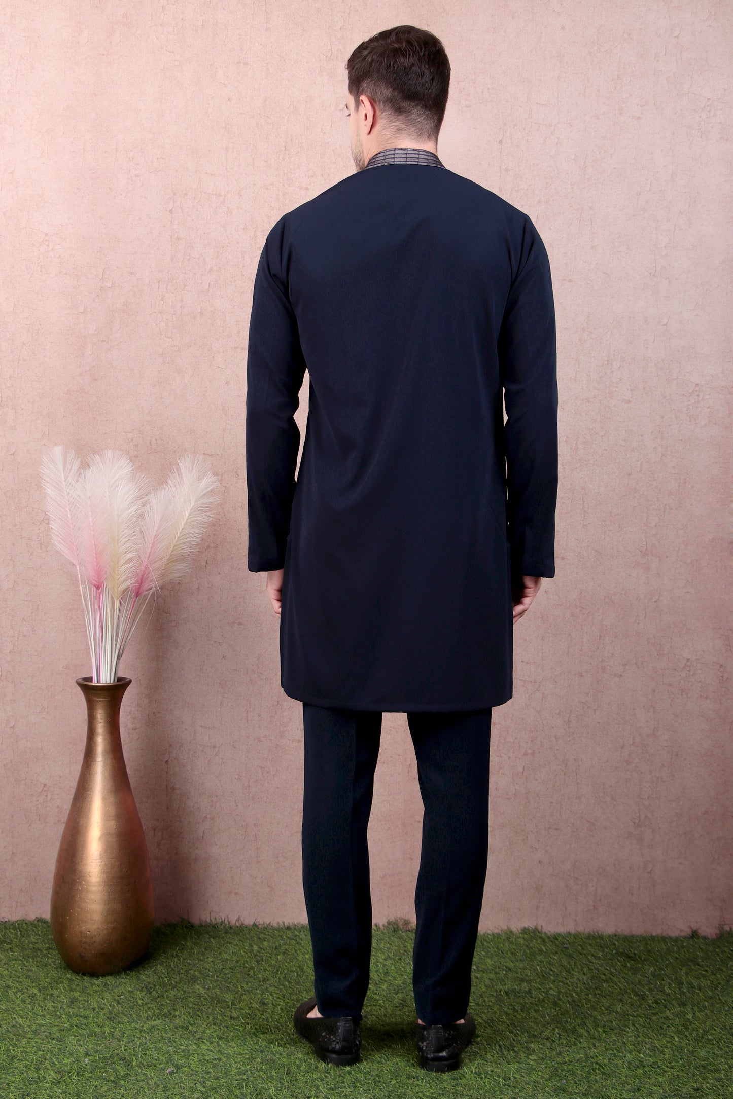 Detail view 5 - Men’s Kurta Set – Korean Wrinkle-Free in Navy with Asymmetric Zip Front & Sleeve Detail
