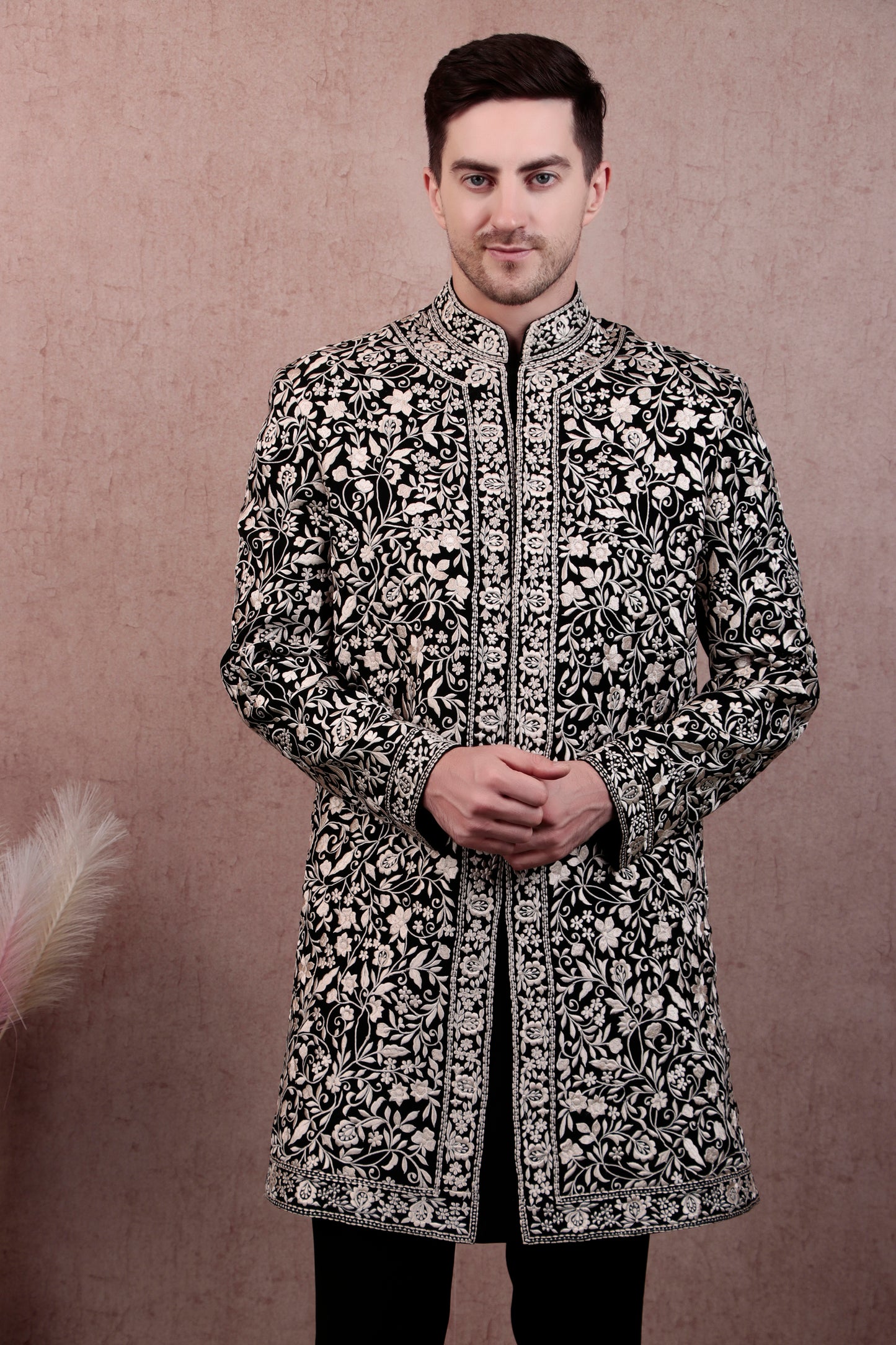 Men’s Sherwani – Japanese Lycra in Black with Silk Thread Floral Embroidery | One Man Show