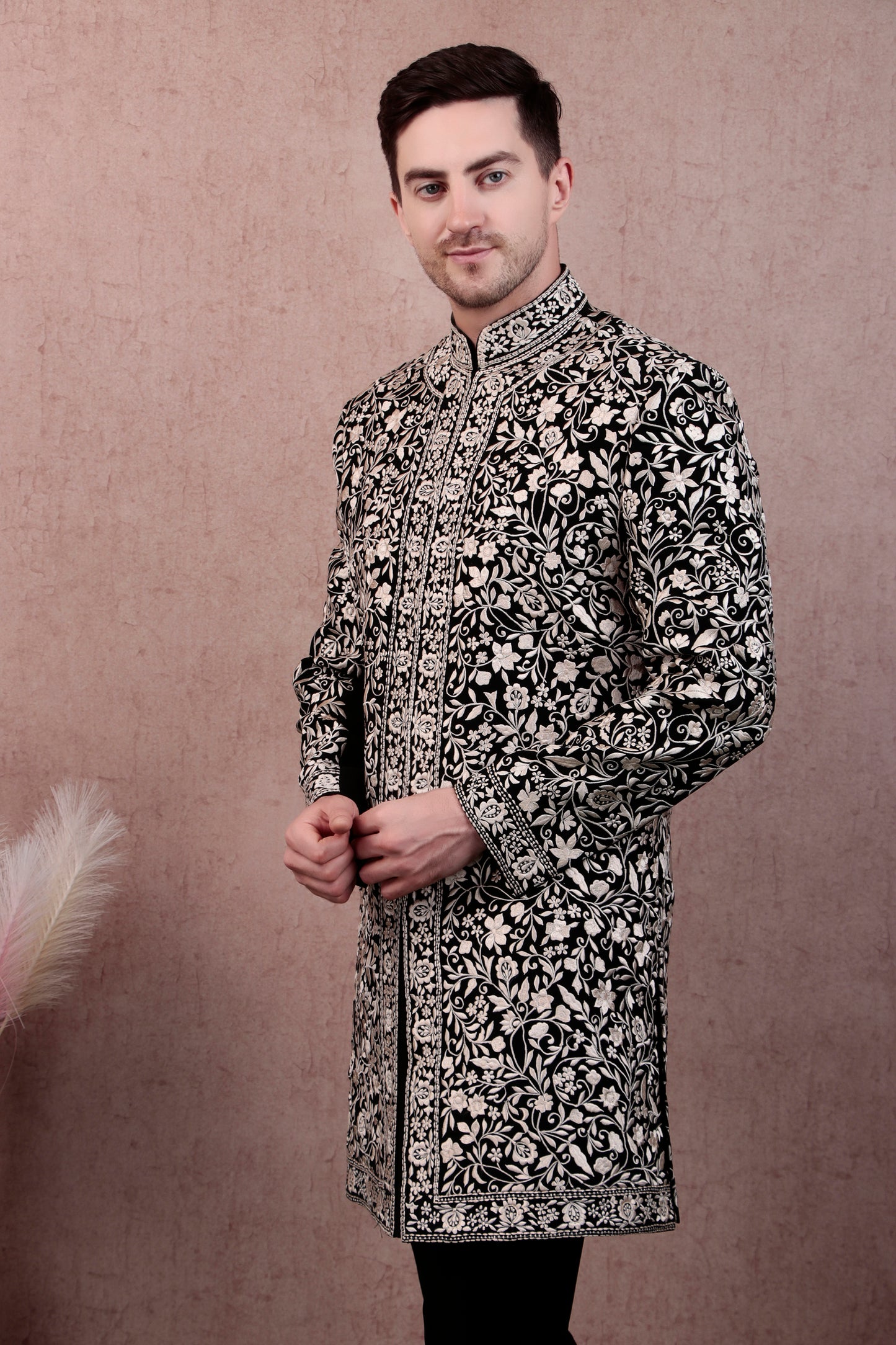 Men’s Sherwani – Japanese Lycra in Black with Silk Thread Floral Embroidery | One Man Show
