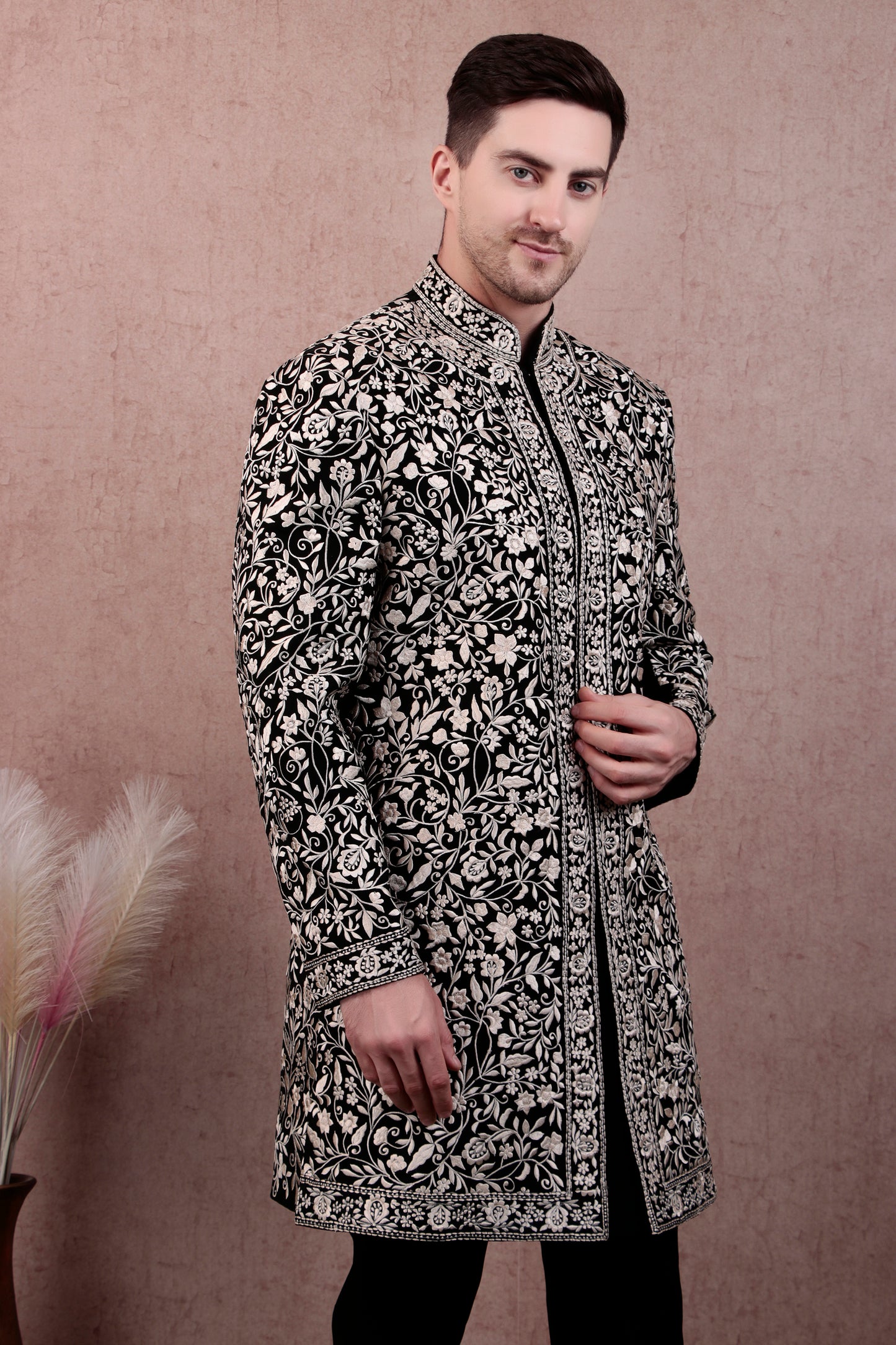 Men’s Sherwani – Japanese Lycra in Black with Silk Thread Floral Embroidery | One Man Show