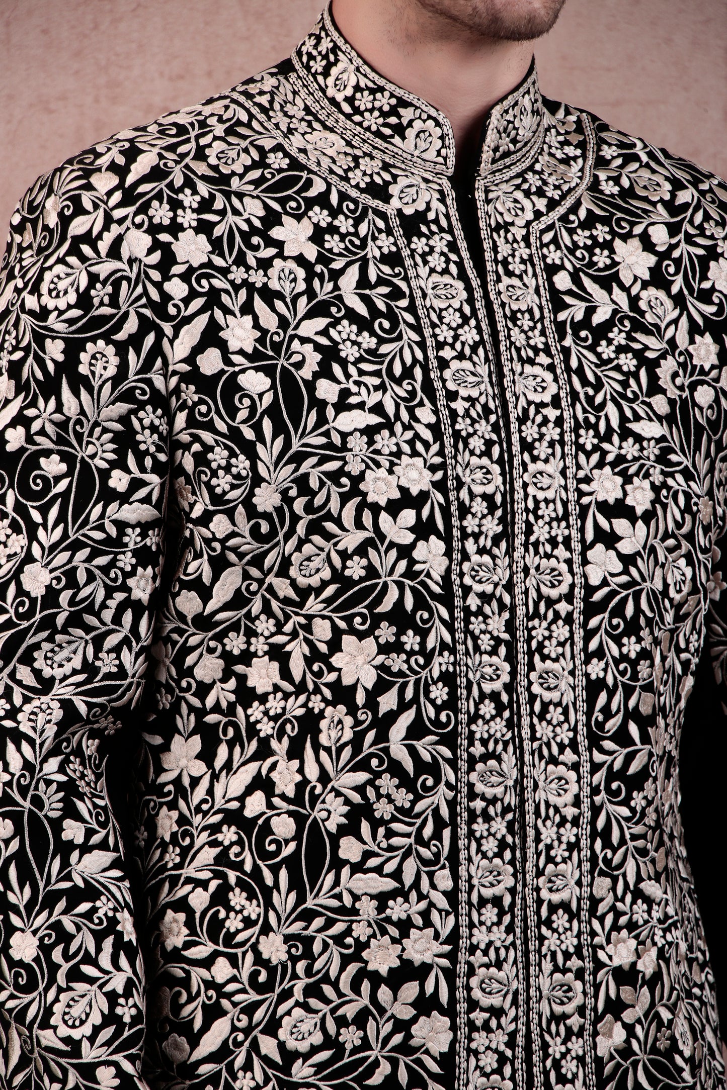 Men’s Sherwani – Japanese Lycra in Black with Silk Thread Floral Embroidery | One Man Show