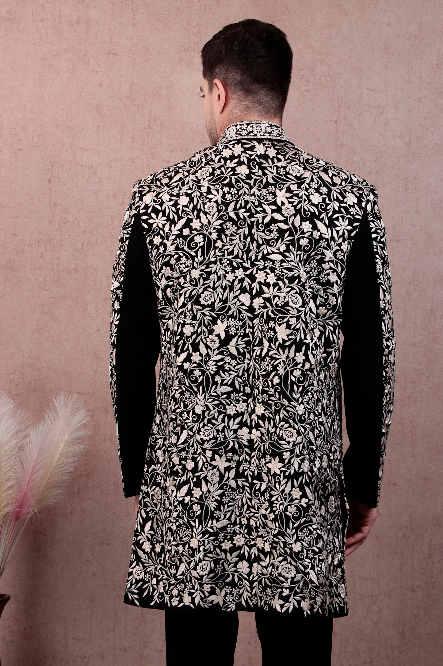 Men’s Sherwani – Japanese Lycra in Black with Silk Thread Floral Embroidery | One Man Show