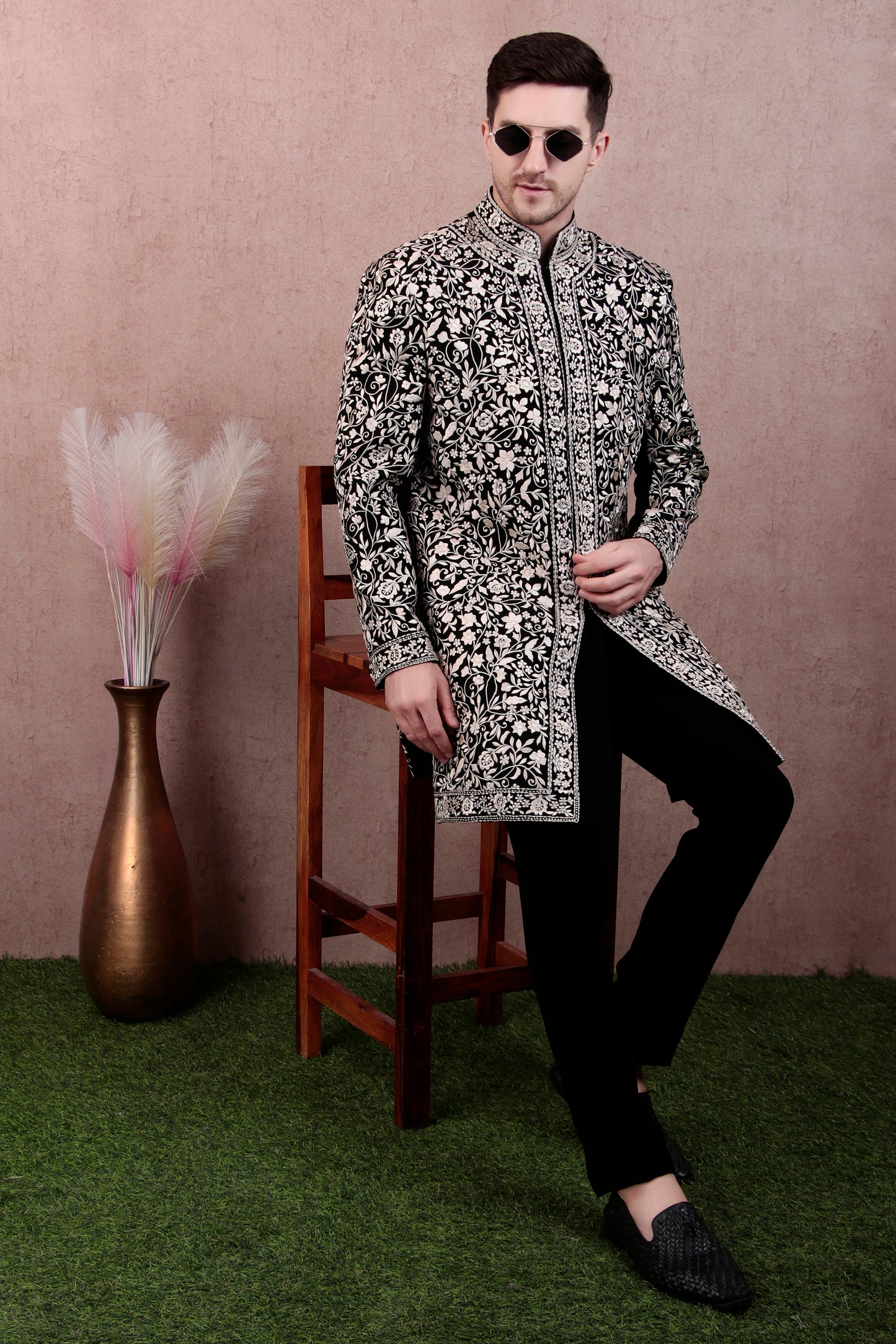 Men’s Sherwani – Japanese Lycra in Black with Silk Thread Floral Embroidery | One Man Show