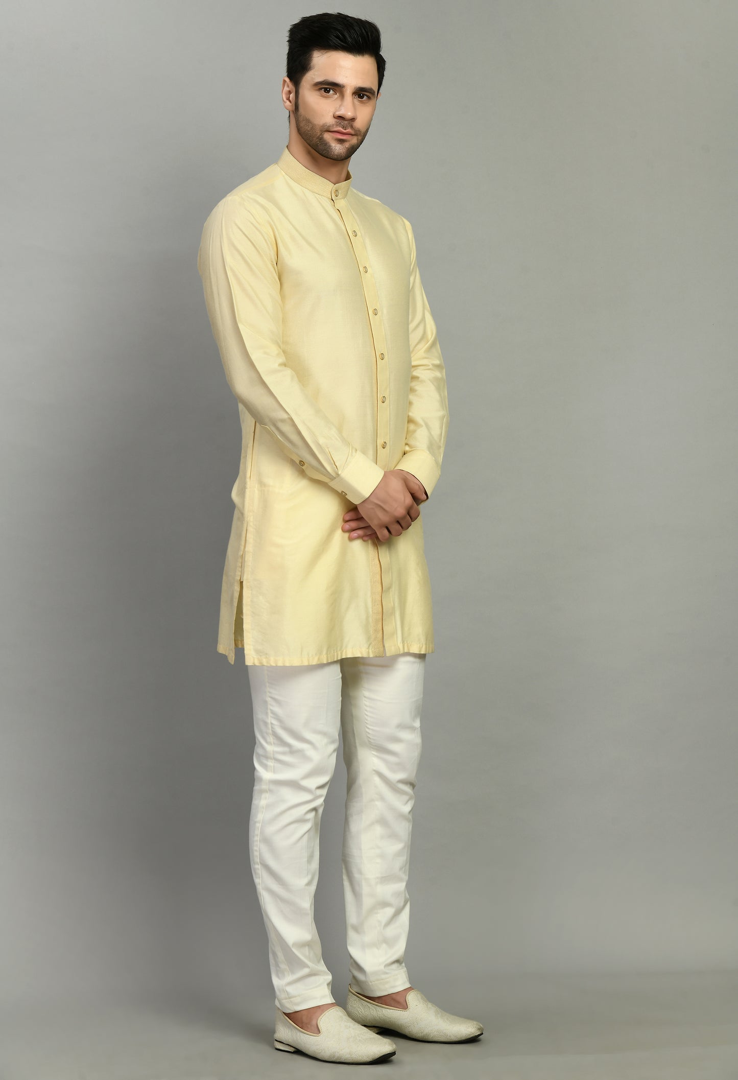 Men’s Kurta Set – Modal Satin in Cream with Embroidery Border Stoll | One Man Show