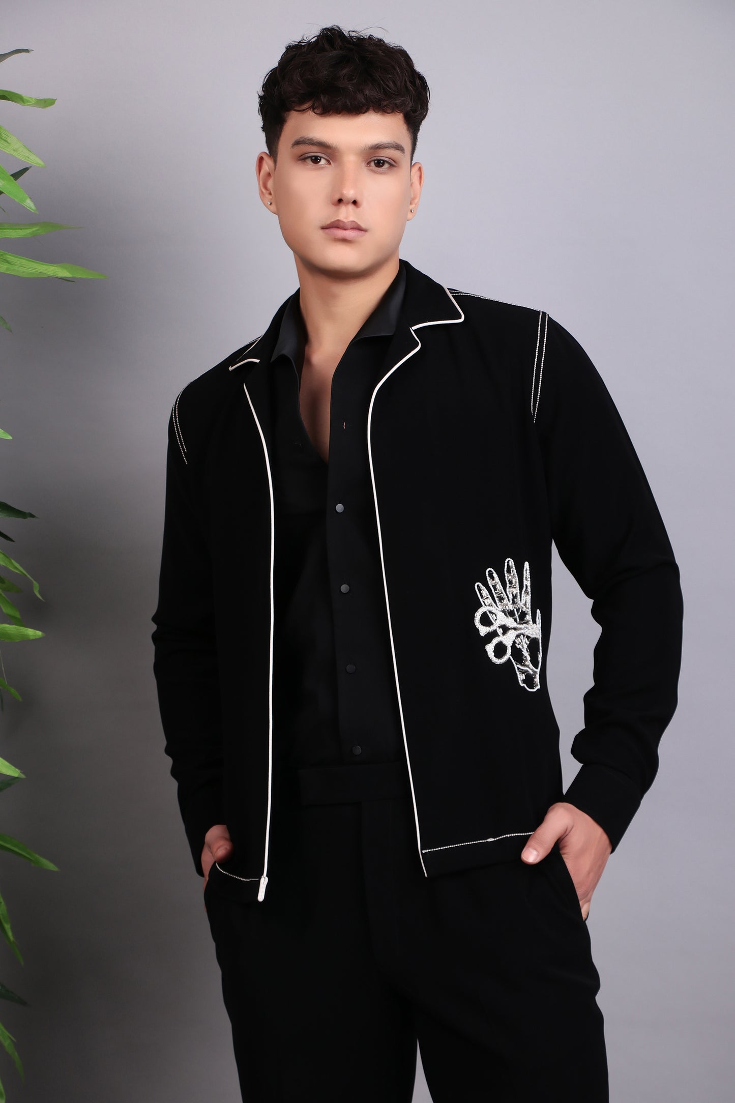 Men’s Tuxedo – Japanese Lycra in Black with Pintex & Beads Embroidery | One Man Show