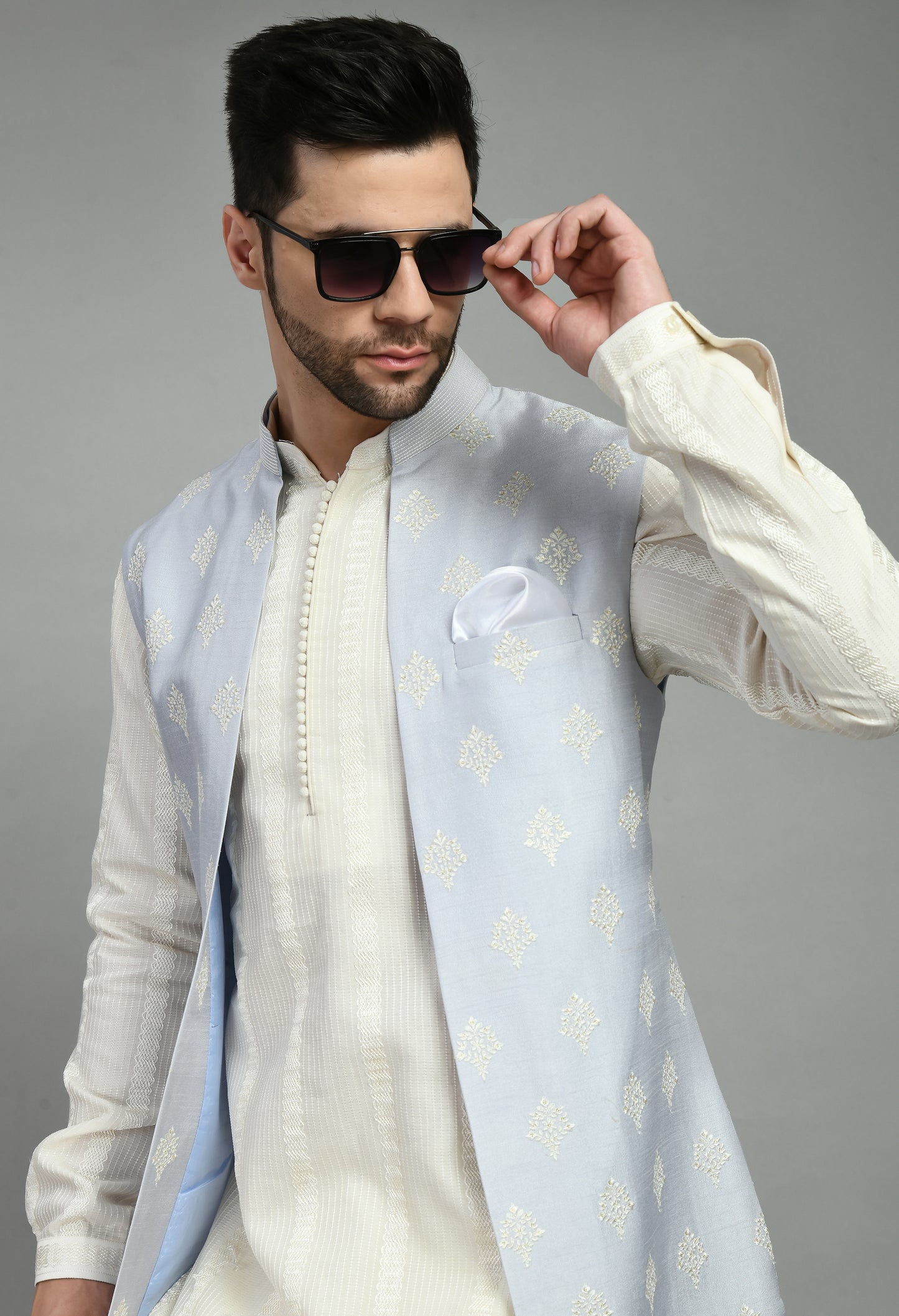 Men’s Nehru Jacket – Silk in Blue with Floral Motif Embroidery | One Man Show