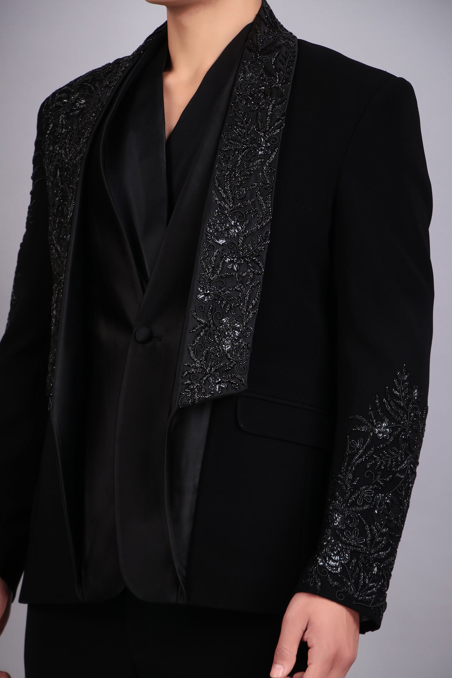 Men’s Tuxedo – Japanese Lycra in Black with Layered Lapel & Beaded Embroidery | One Man Show
