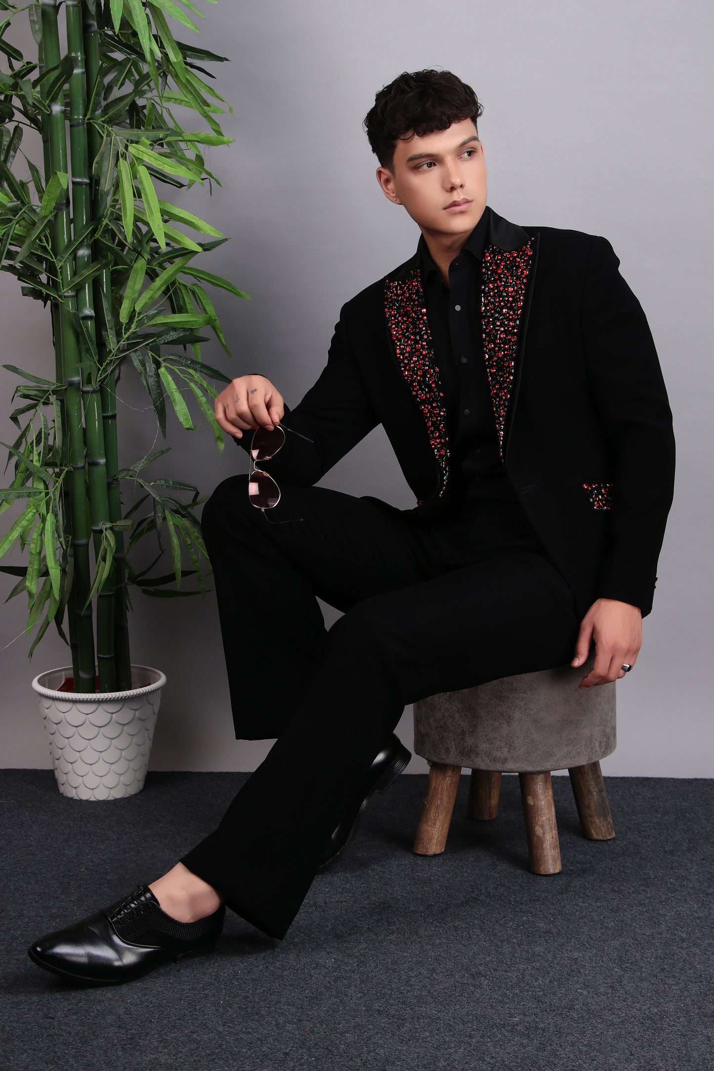 Men’s Tuxedo – Japanese Lycra in Black with Abstract Stones Embroidery | One Man Show