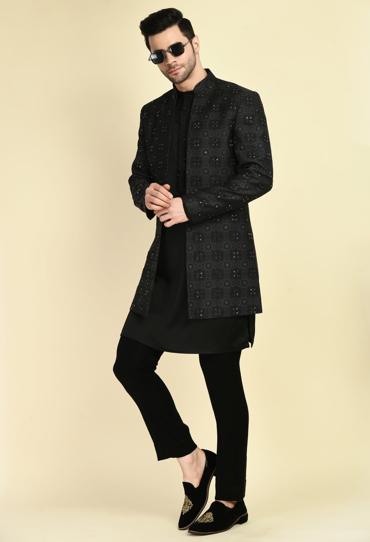 Men’s Indo-Western – Silk Jaquard in Black with Geometric Motif Embroidery | One Man Show
