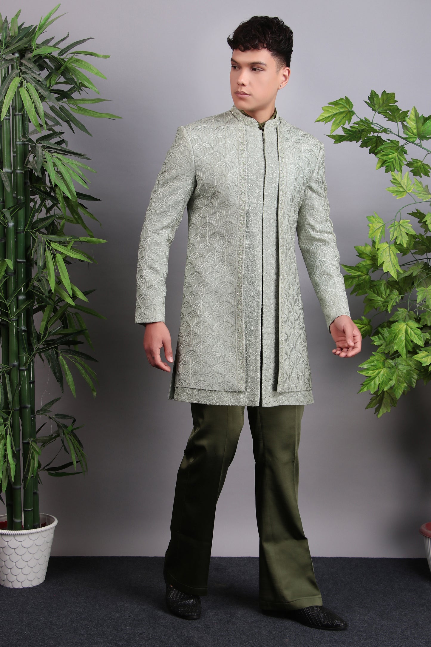 Men’s Indo-Western – Georgette Embroidered in Green with Hand Embroidery | One Man Show