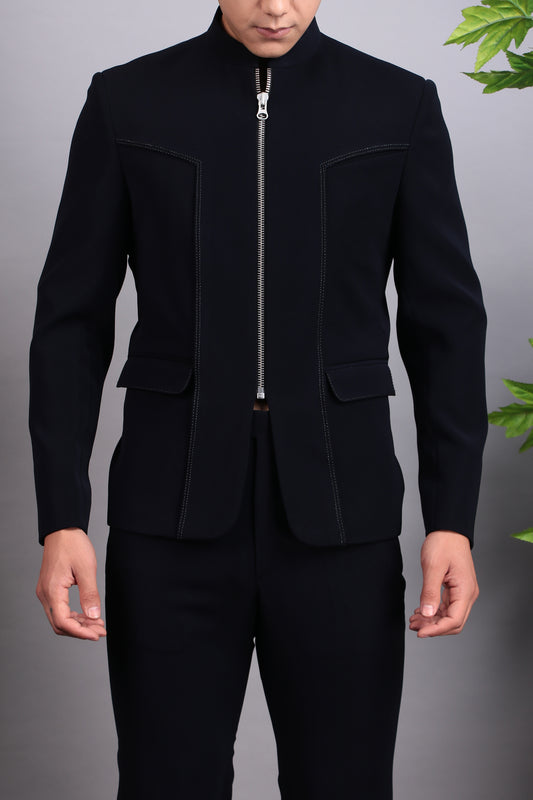 Men’s Bandhgala – Cotton Velvet in Midnight Blue with Hand Embroidery | One Man Show