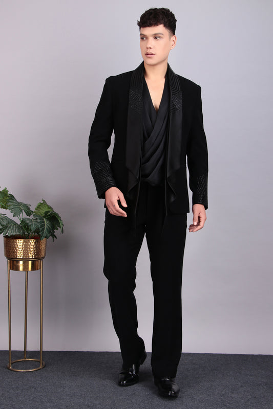 Men’s Tuxedo – Japanese Lycra in Black with Layered Lapel Style | One Man Show