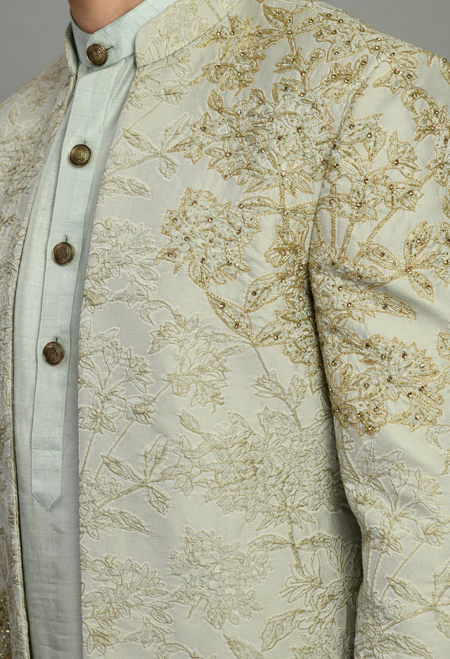 Detail view 3 - Men’s Indo-Western – Silk Jaquard in Green with Placement Embroidery