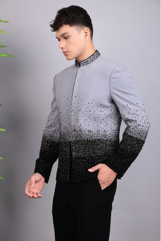 Men’s Bandhgala – Japanese Lycra in Grey with Ombre Style Embroidery | One Man Show