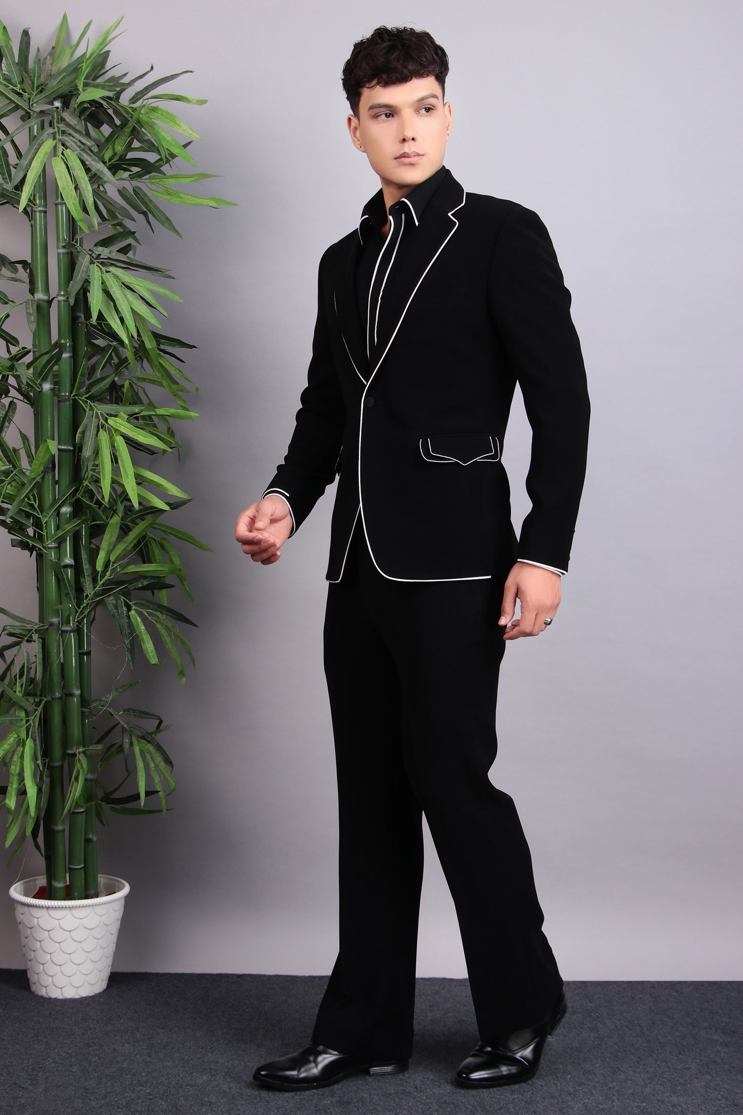Men’s Tuxedo – Japanese Lycra in Black with White Piping Details | One Man Show