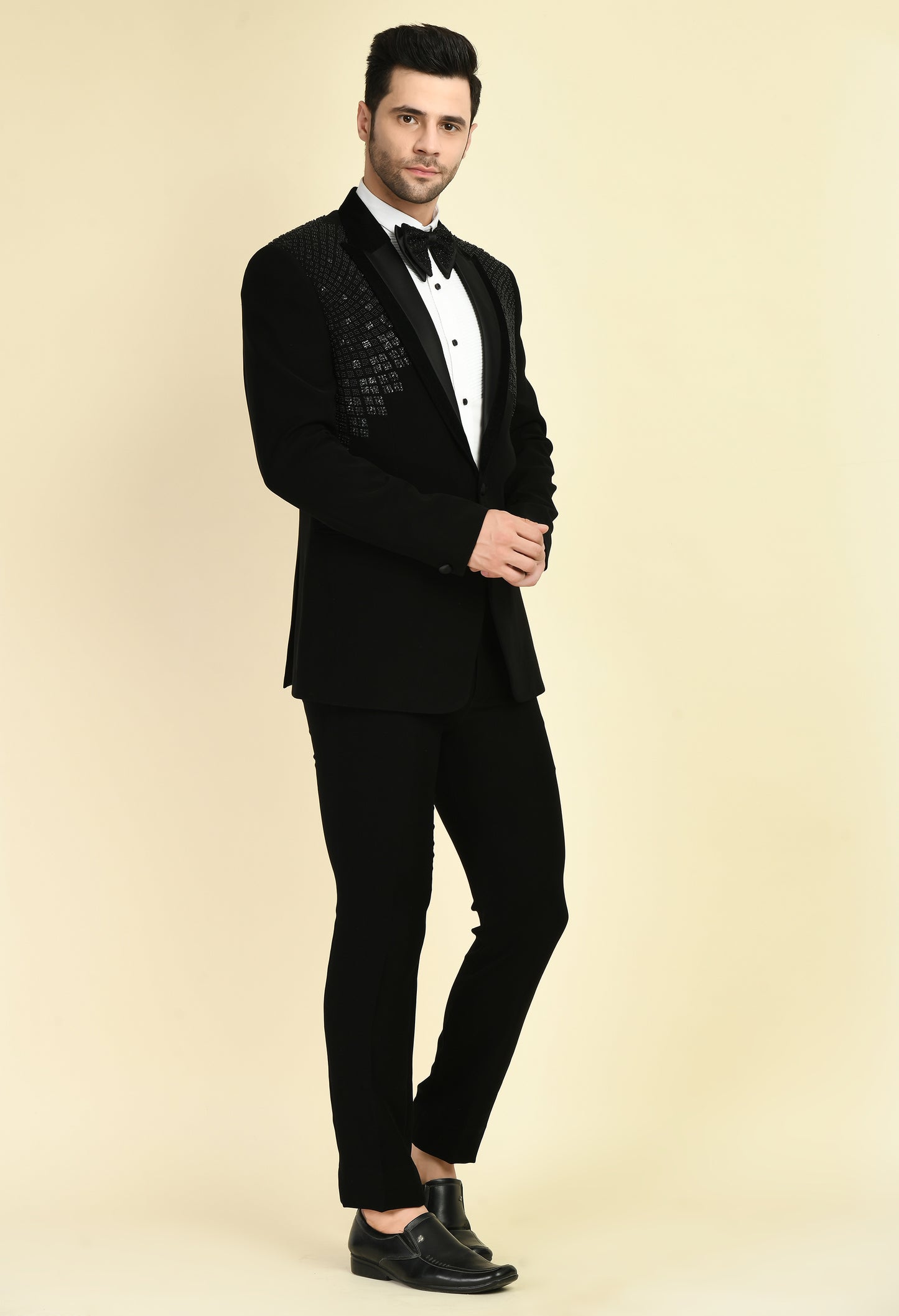 Men’s Tuxedo – Japanese Lycra in Black with Geometric Beads, Stone and Sequins Embroidery | One Man Show