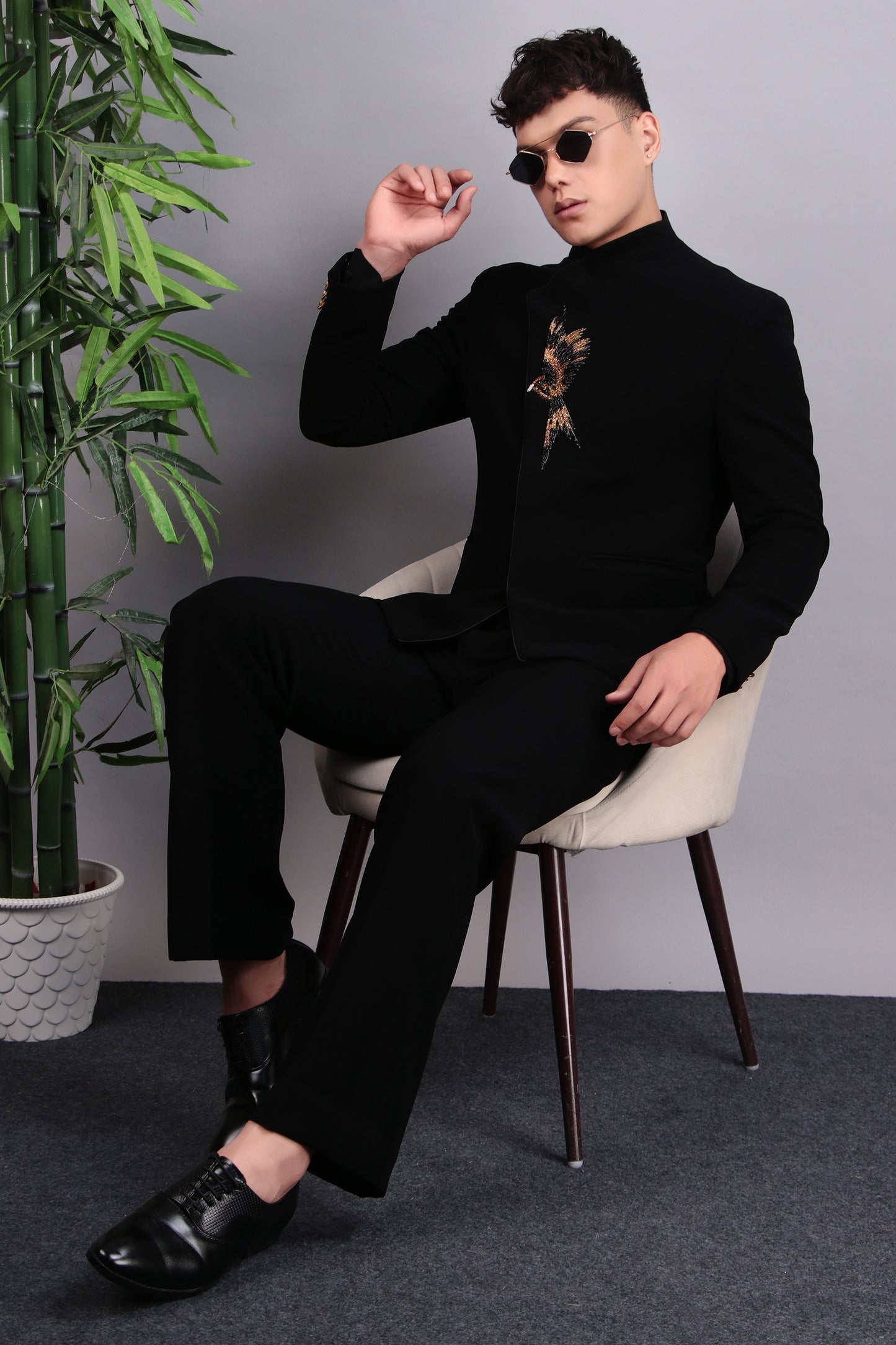 Men’s Bandhgala – Japanese Lycra in Black with Assymetric Front Cut and Bird Motif Embroidery | One Man Show