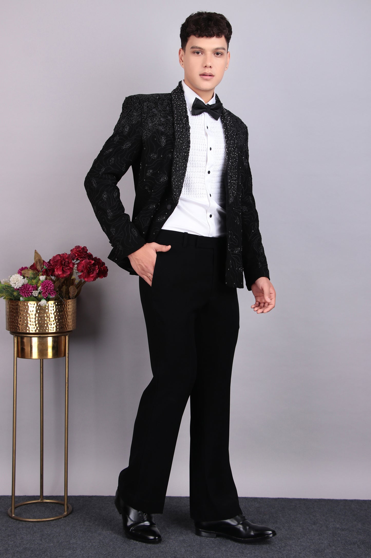 Men’s Tuxedo – Japanese Lycra in Black with Embroidery and Leather Applique | One Man Show