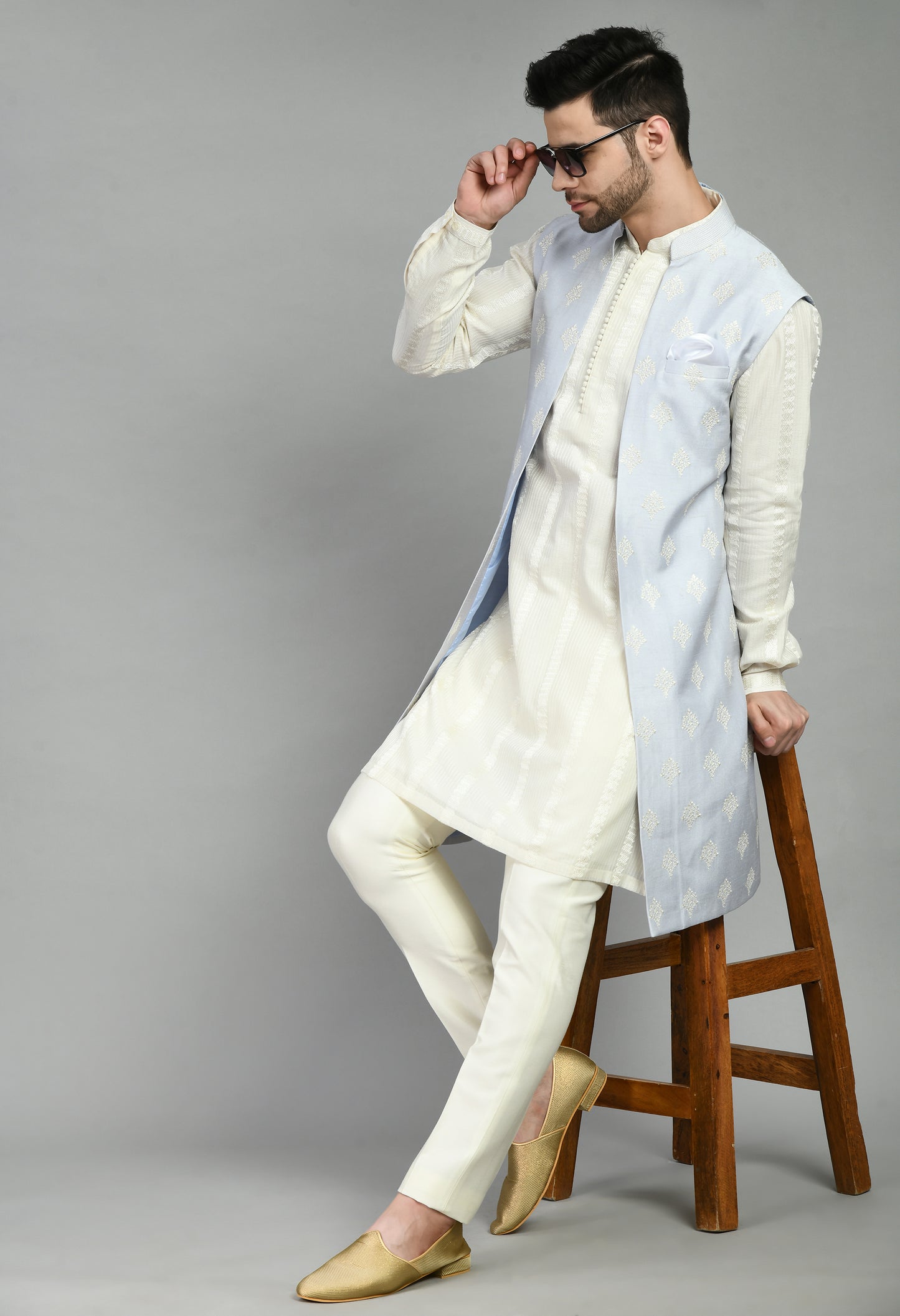 Men’s Nehru Jacket – Silk in Blue with Floral Motif Embroidery | One Man Show