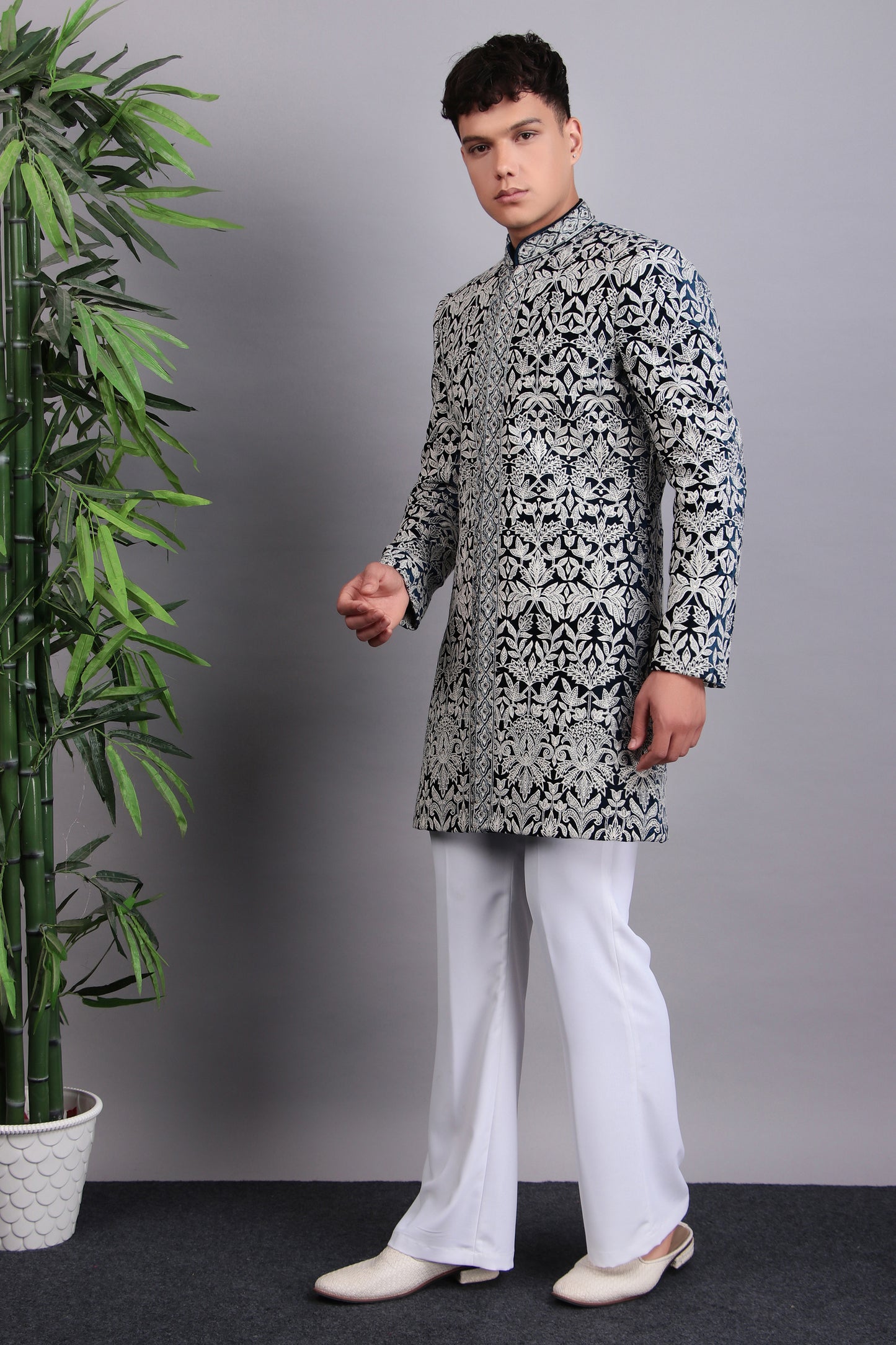 Men’s Indo-Western – Velvet Embroidered Fabric in Blue with Directional Embroidery | One Man Show