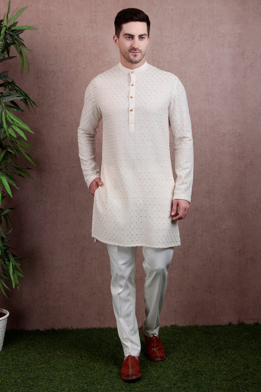 Men’s Designer Kurta Set – Georgette in Ivory with Silk Thread Embroidery & Lapel Jacket Cut | One Man Show