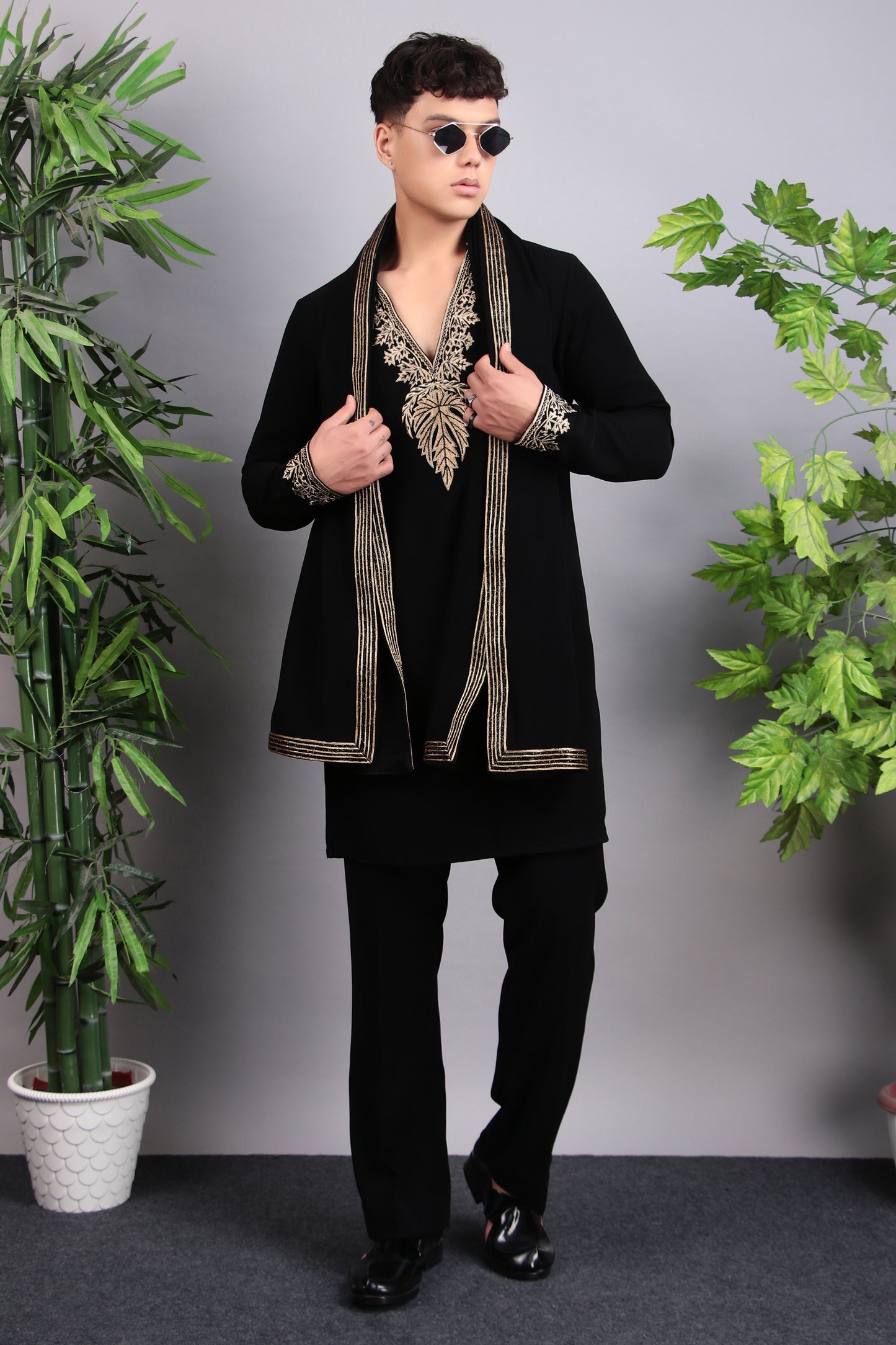 Detail view 3 - Men’s Kurta Set – Korean Wrinkle-Free in Black with Golden Zari Thread Embroidery