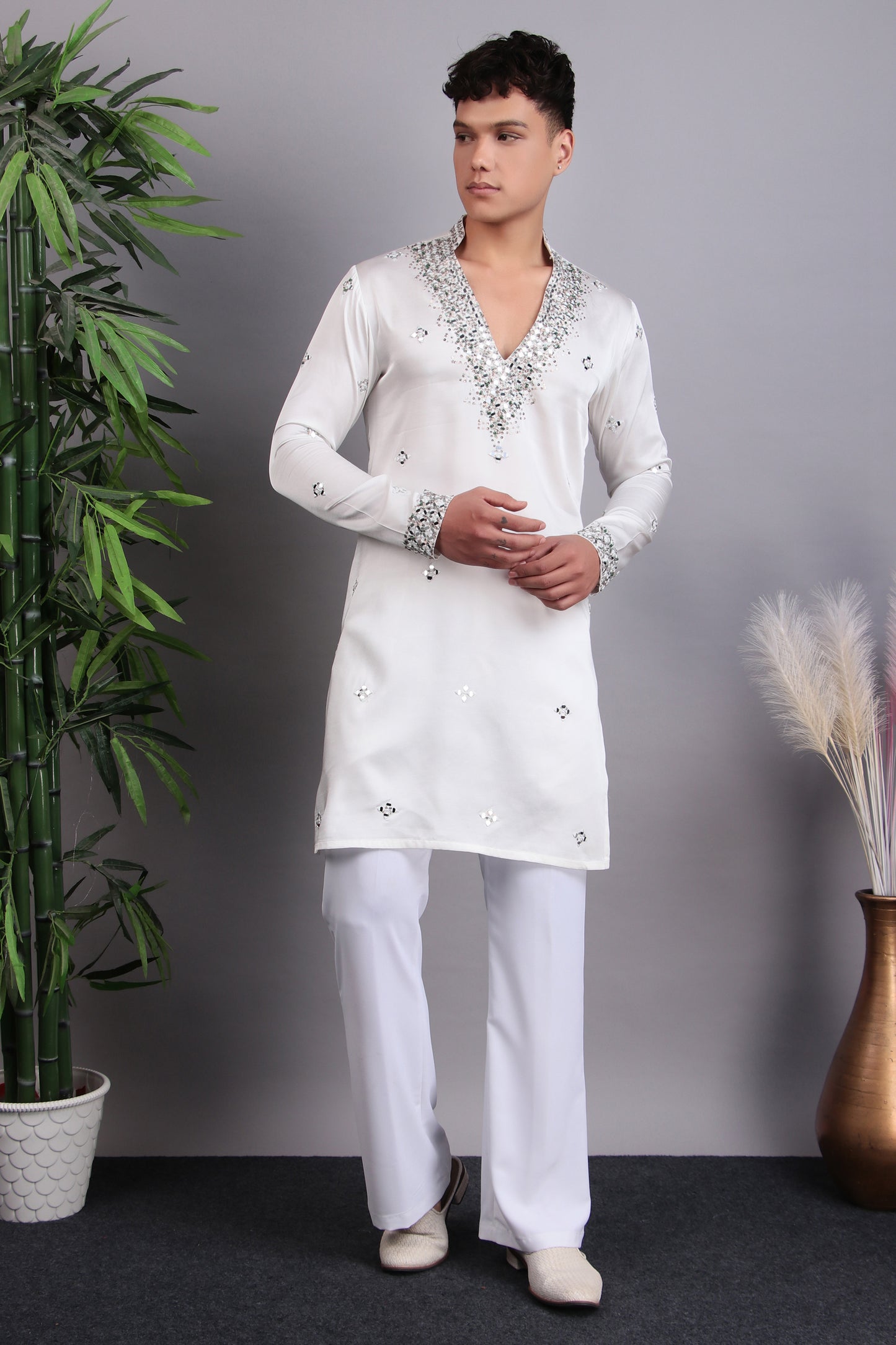 Men’s Kurta Set – Modal Satin in White with Brads, Stone and Mirror Embroidery | One Man Show