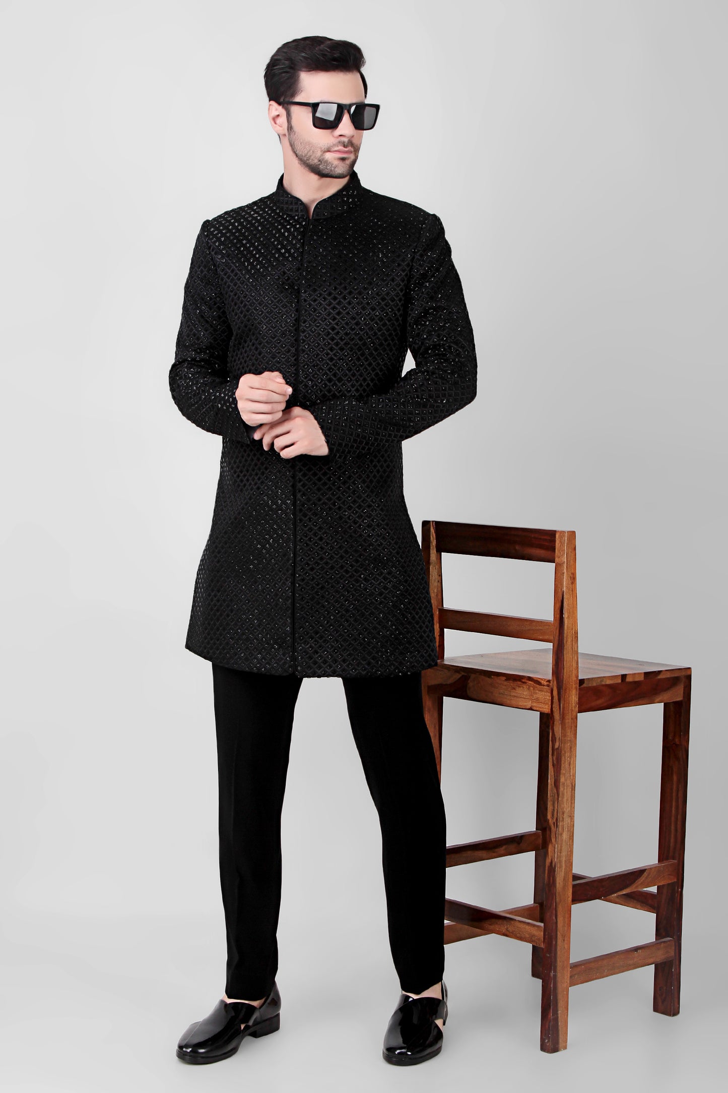 Detail view 2 - Men’s Indo-Western – Silk Georgette in Black with Cutdane Embroidery