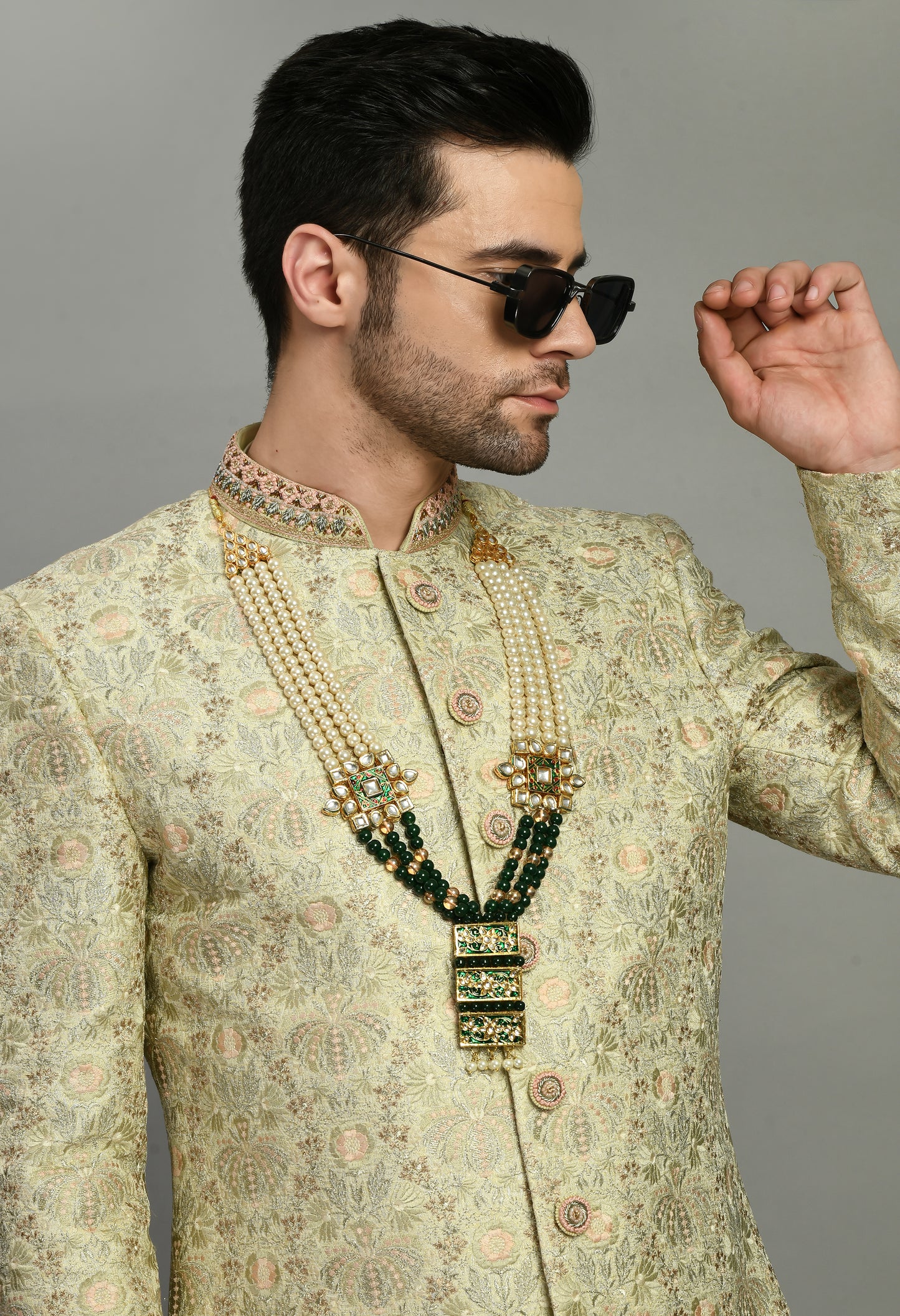 Men’s Sherwani – Silk in Green with Detailed Hand Embroidery Allover | One Man Show