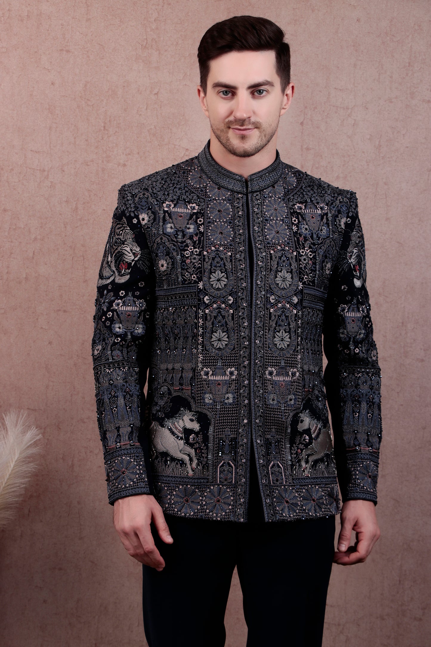 Men’s Bandhgala – Japanese Lycra in Navy Blue with Theme Embroidery Nature | One Man Show