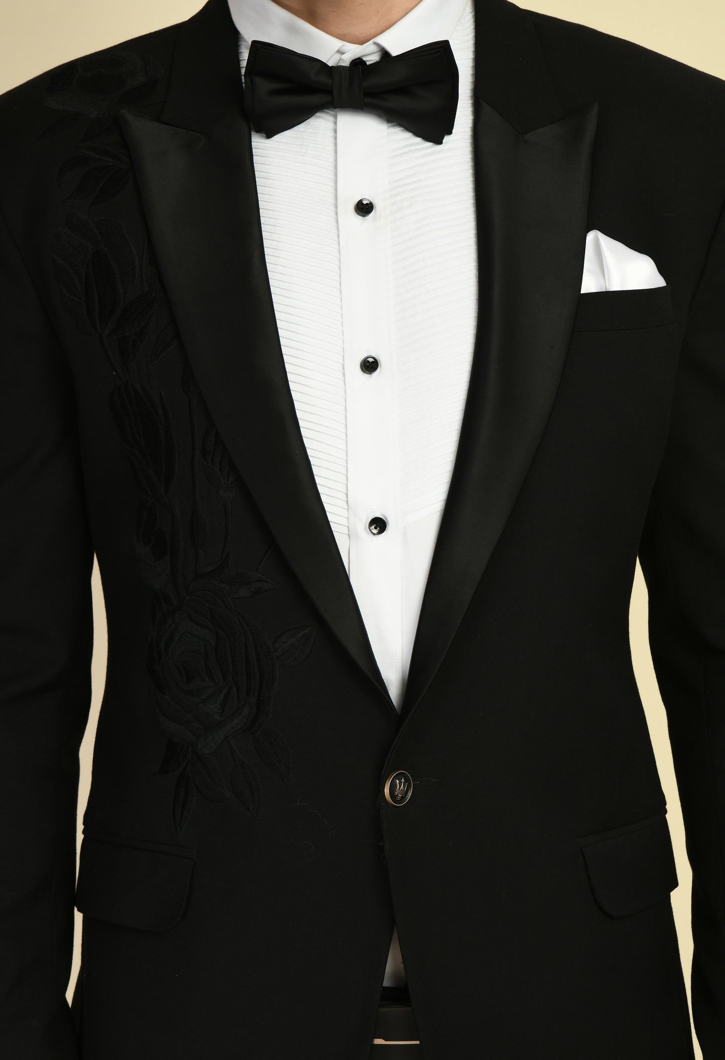 Men’s Tuxedo – Japanese Lycra in Black with Chest Placement Floral Thread Embroidery | One Man Show