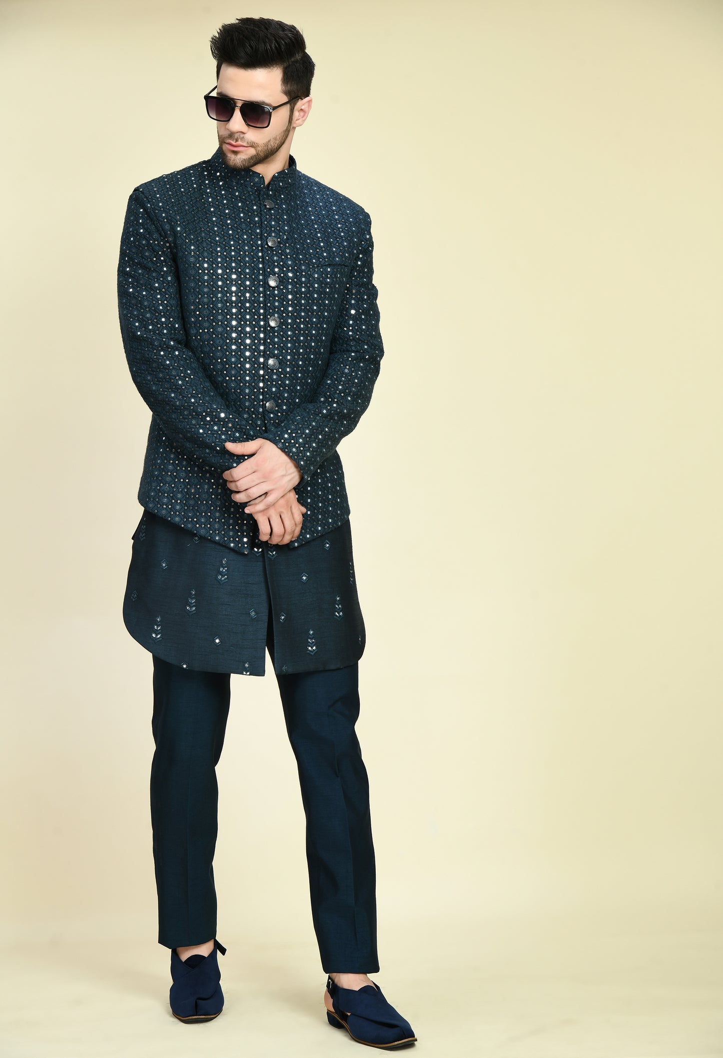 Men’s Nehru Jacket – Silk Georgette in Teal Blue with Silk Thread and Mirrorwork Embroidery | One Man Show