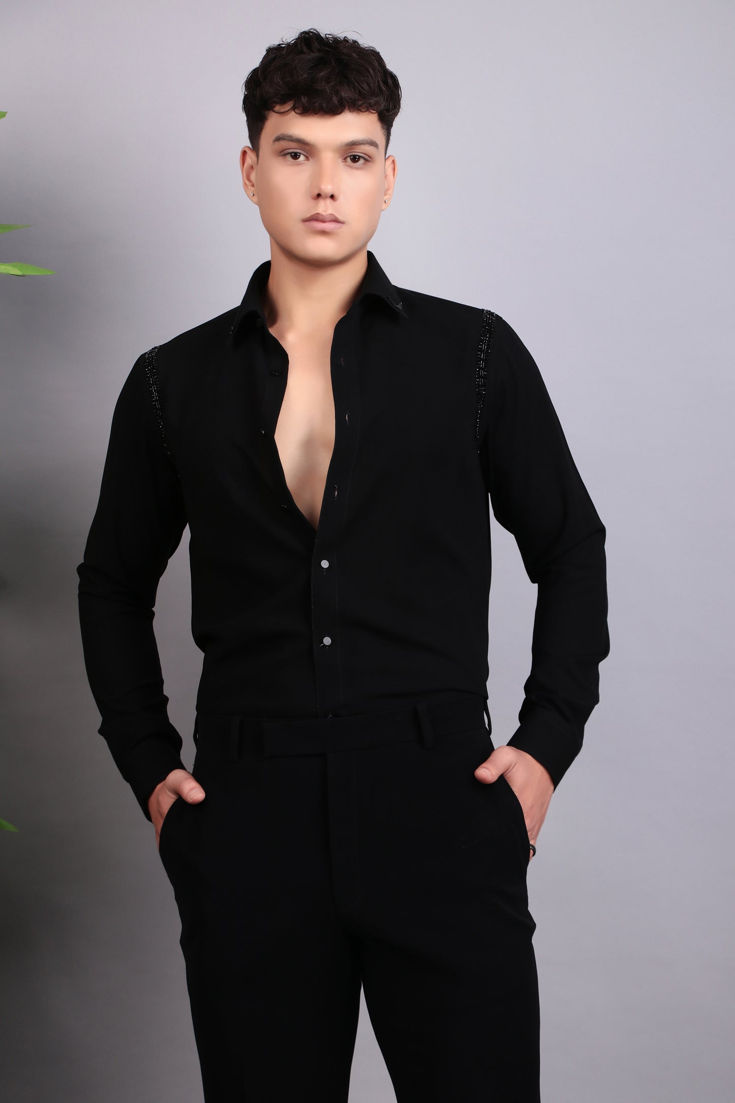Men’s Shirt – Korean Wrinkle Free in Black with Shoulder Embroidery | One Man Show