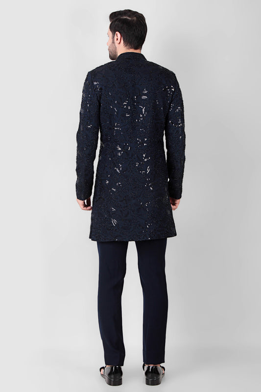 Men’s Indo-Western – Silk Georgette in Navy Blue with Beads and Sequins Embroidery | One Man Show