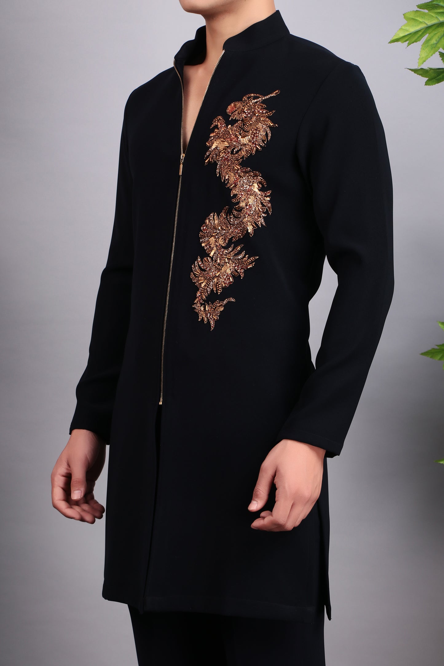 Men’s Nehru Jacket – Japanese Lycra in Blue with Designer Zip Front | One Man Show
