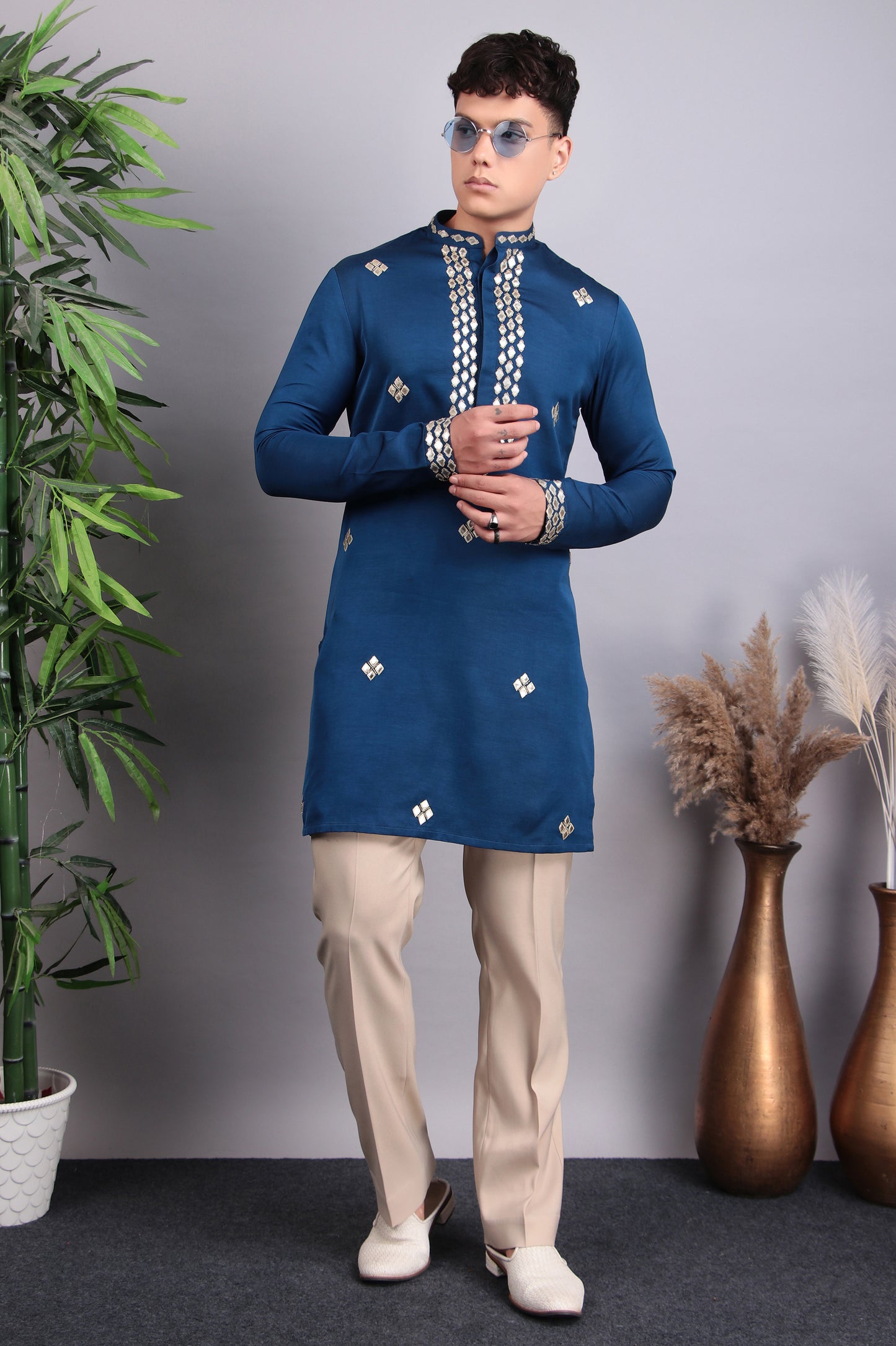 Men’s Kurta Set – Modal Satin in Blue with Brads, Stone and Leather Applique Work | One Man Show