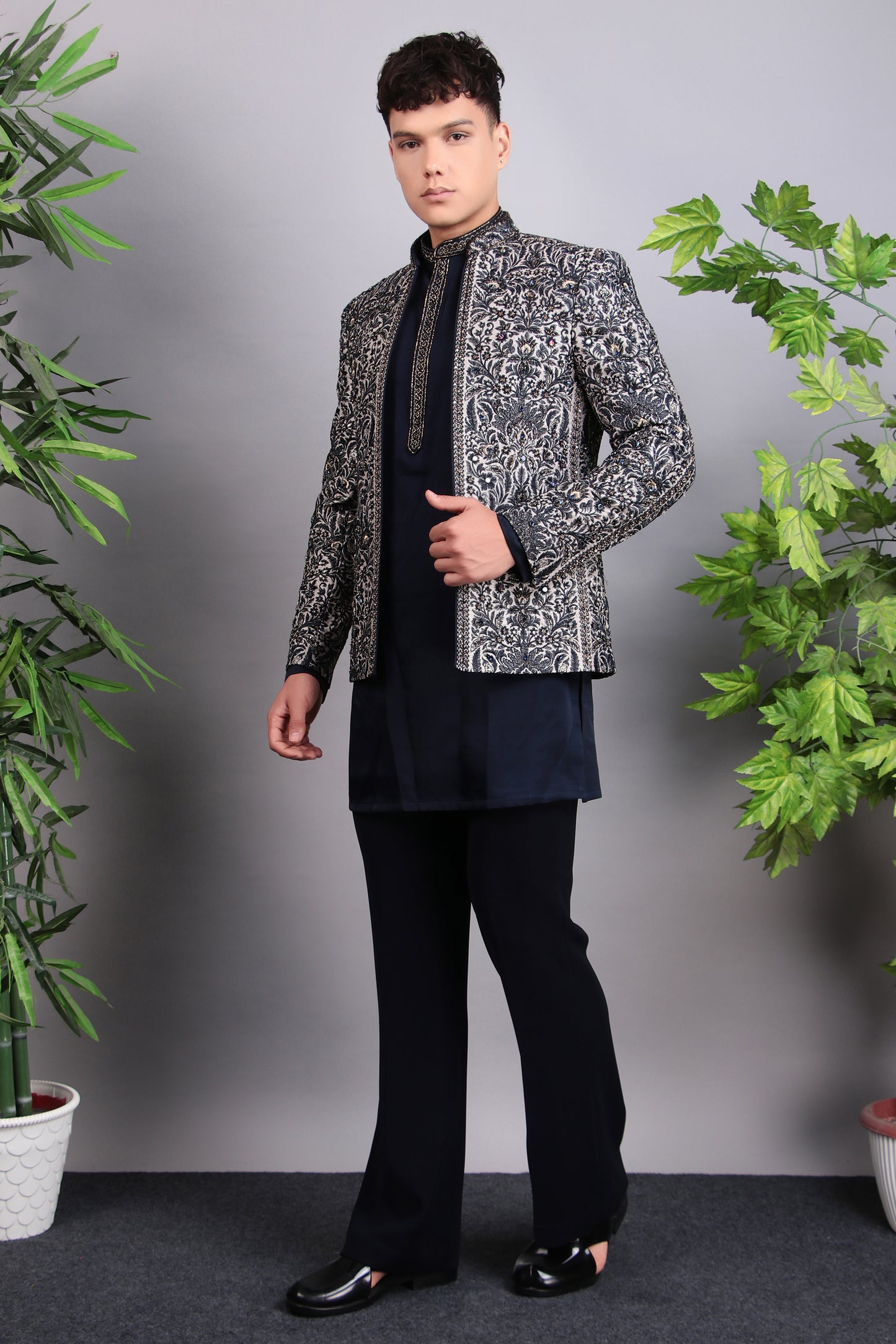 Men’s Indo-Western – Silk Embroidered Fabric in Blue with Floral Hand Embroidery | One Man Show