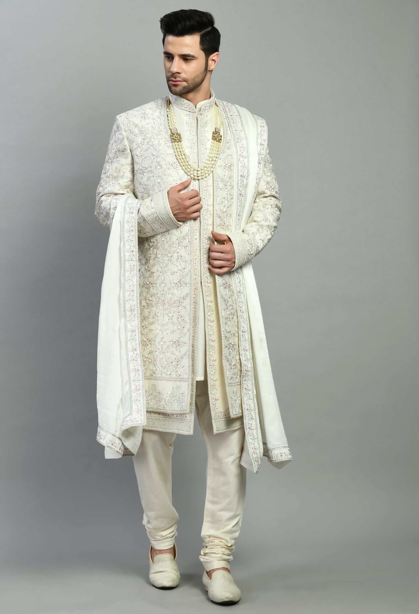 Men’s Sherwani – Silk in Ivory with Detailed Hand Embroidery Allover | One Man Show