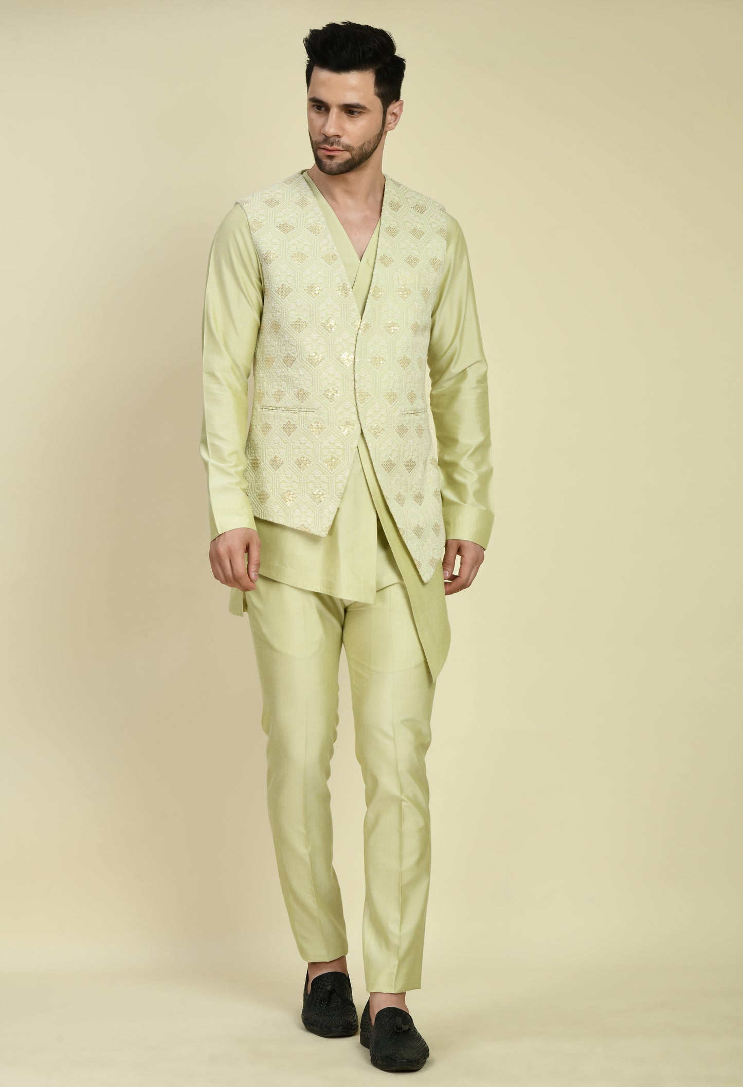 Men’s Nehru Jacket – Silk in Green with Designer Vest Silk Thread Embroidery | One Man Show