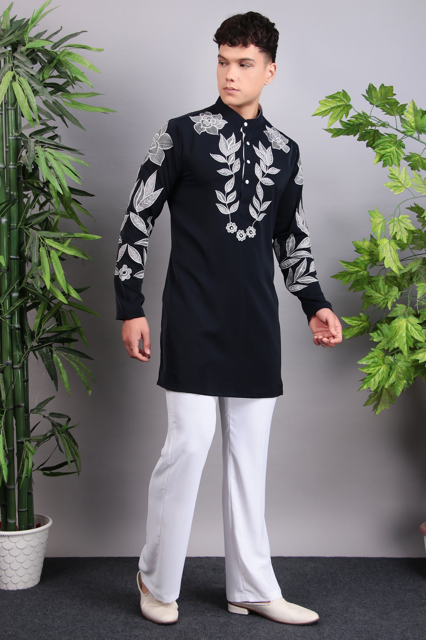 Men’s Kurta Set – Korean Wrinkle Free in Navy Blue with Silk Thread Embroidery | One Man Show